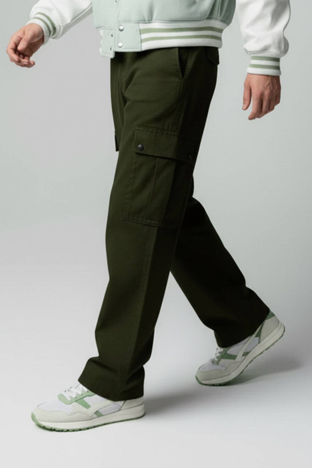 Olive Cut-n-sew Panel Woven Exclusive Cargo Pants with Rivets & Turn-up Hem