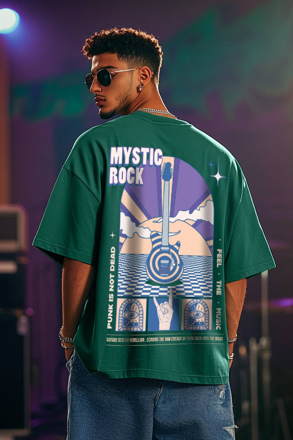 MYSTIC ROCK Green Oversized Back Graphic Printed T-shirt
