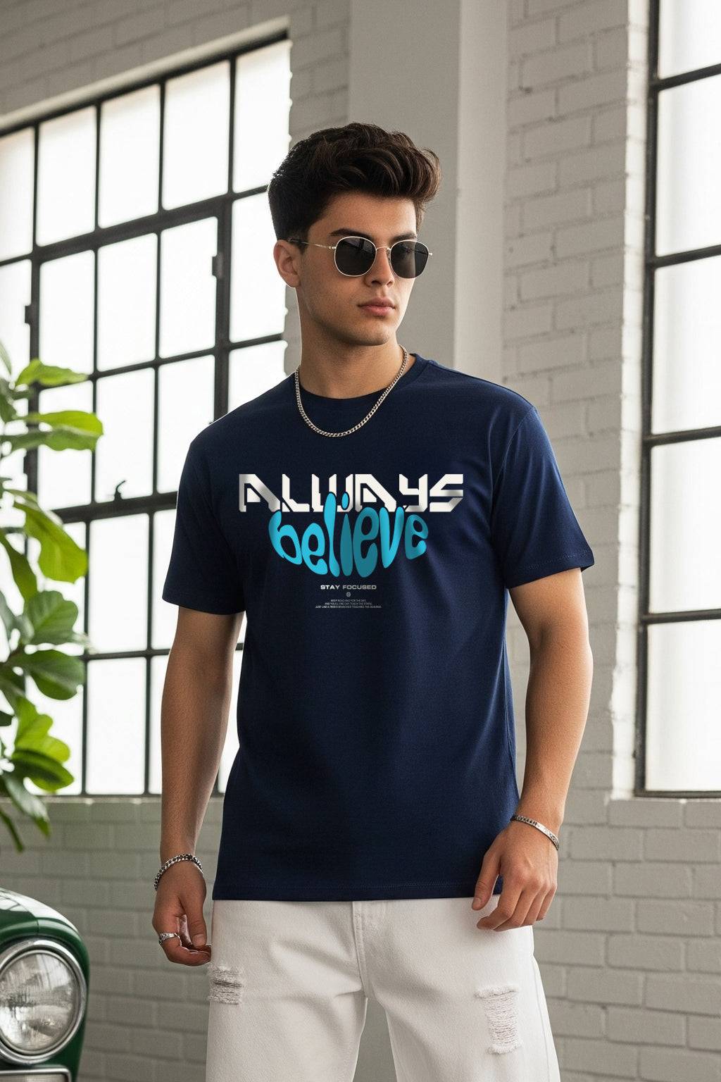 Always Believe Navy Regular Fit Printed T-shirt