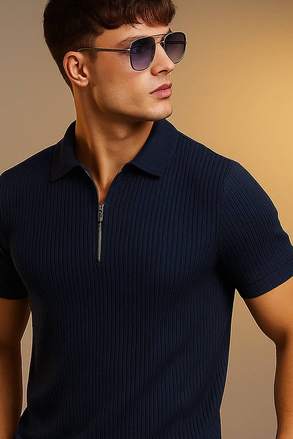 Navy Textured Plain Regular Fit Zipper Polo T-shirt