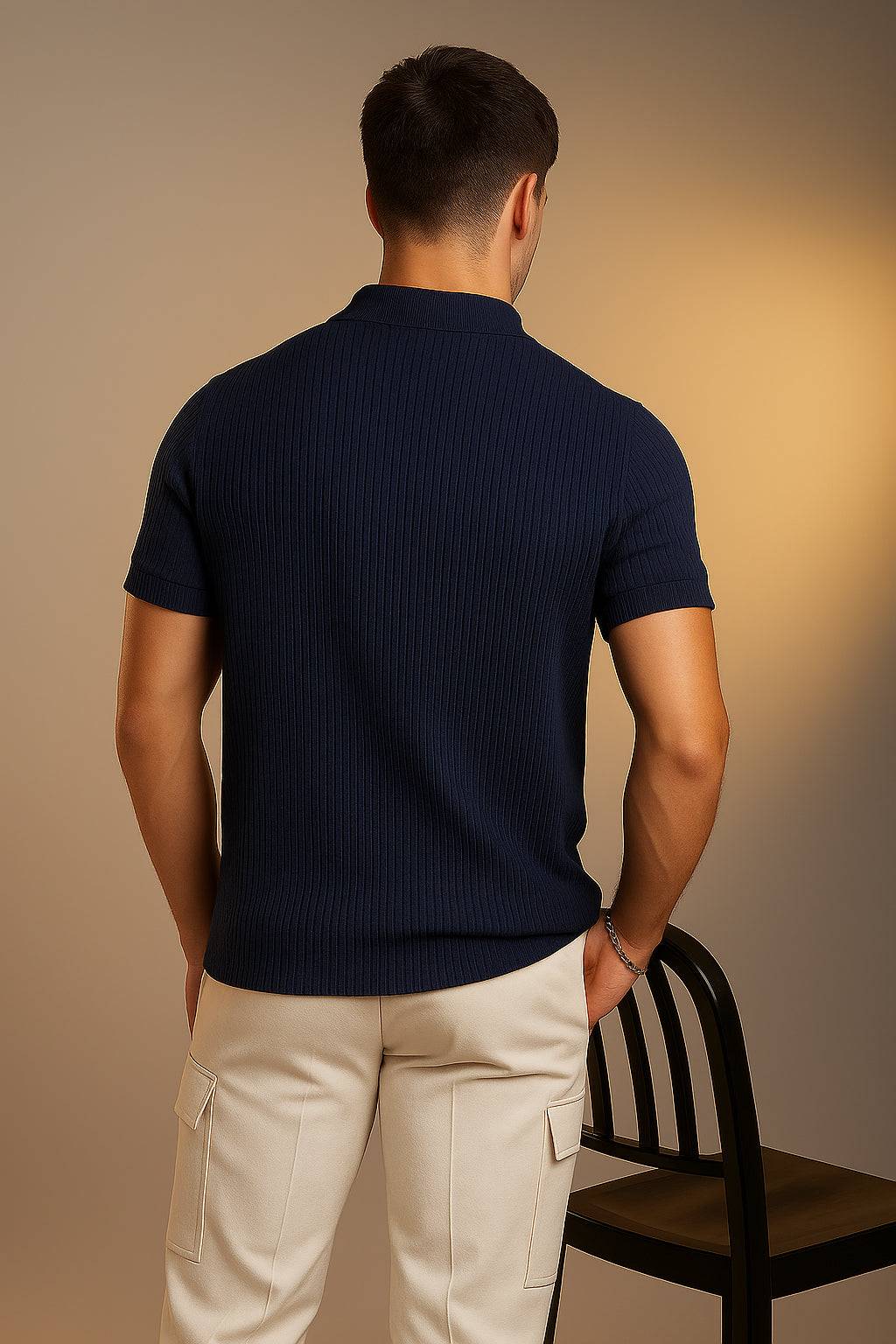 Navy Textured Plain Regular Fit Zipper Polo T-shirt