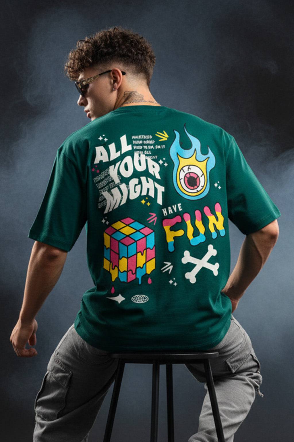 Have Fun Green Oversized Back Graphic Printed T-shirt