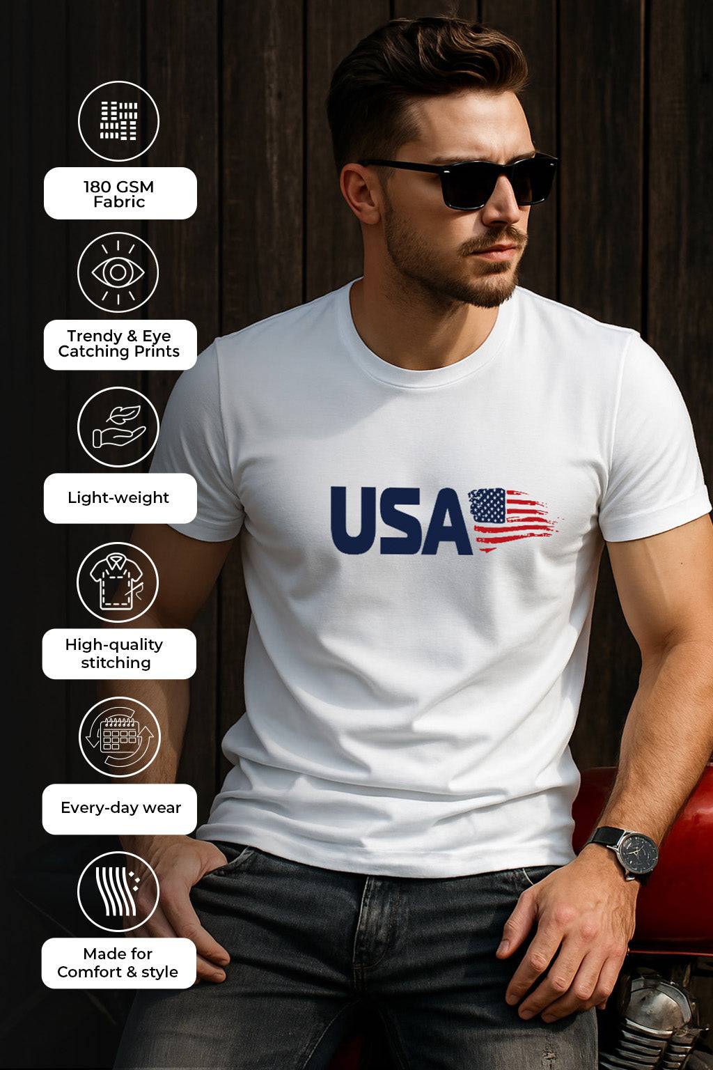 USA White Regular Fit Printed T-shirt
