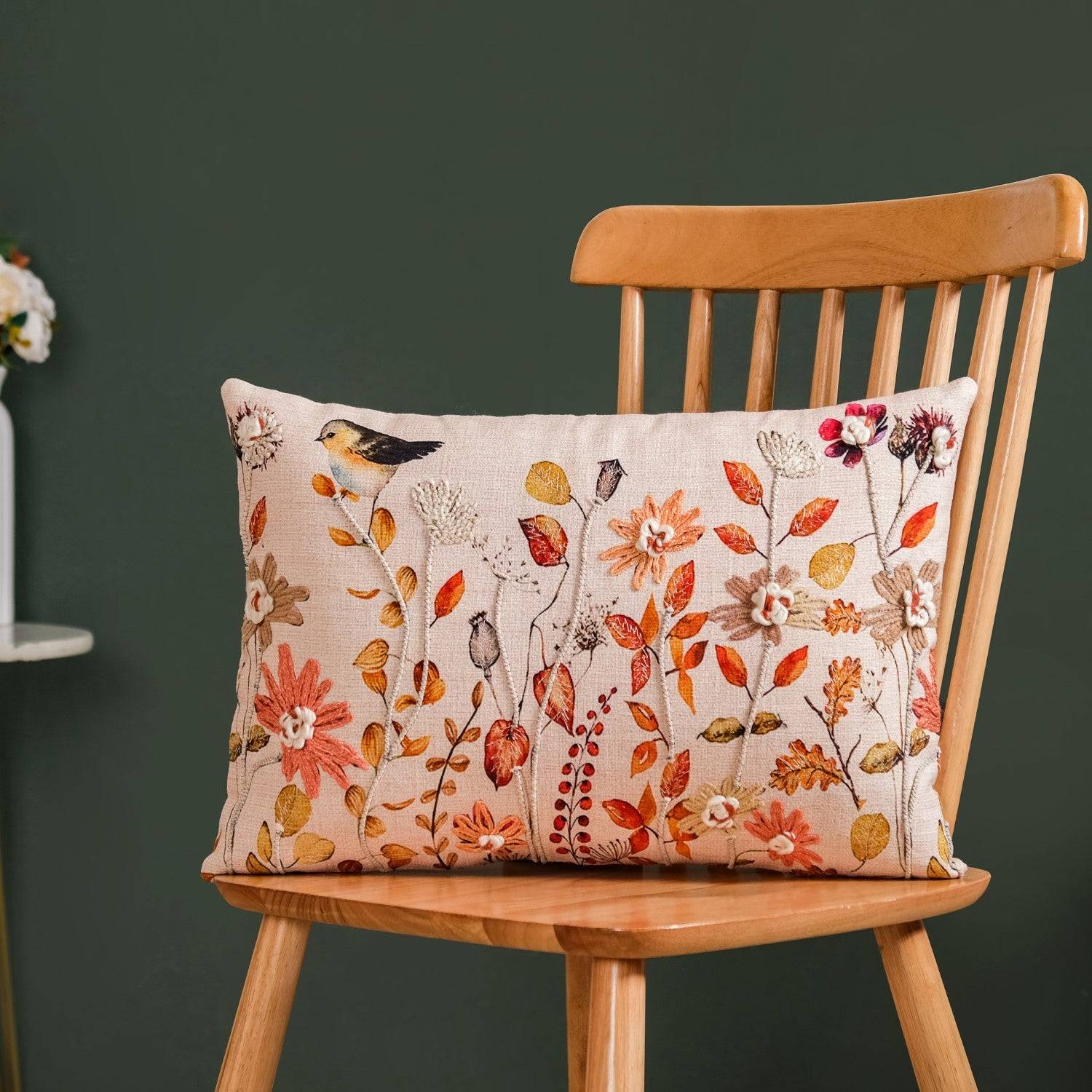 Garden Glory Embroidered Cushion Cover For Home Decor 20x14 Inch