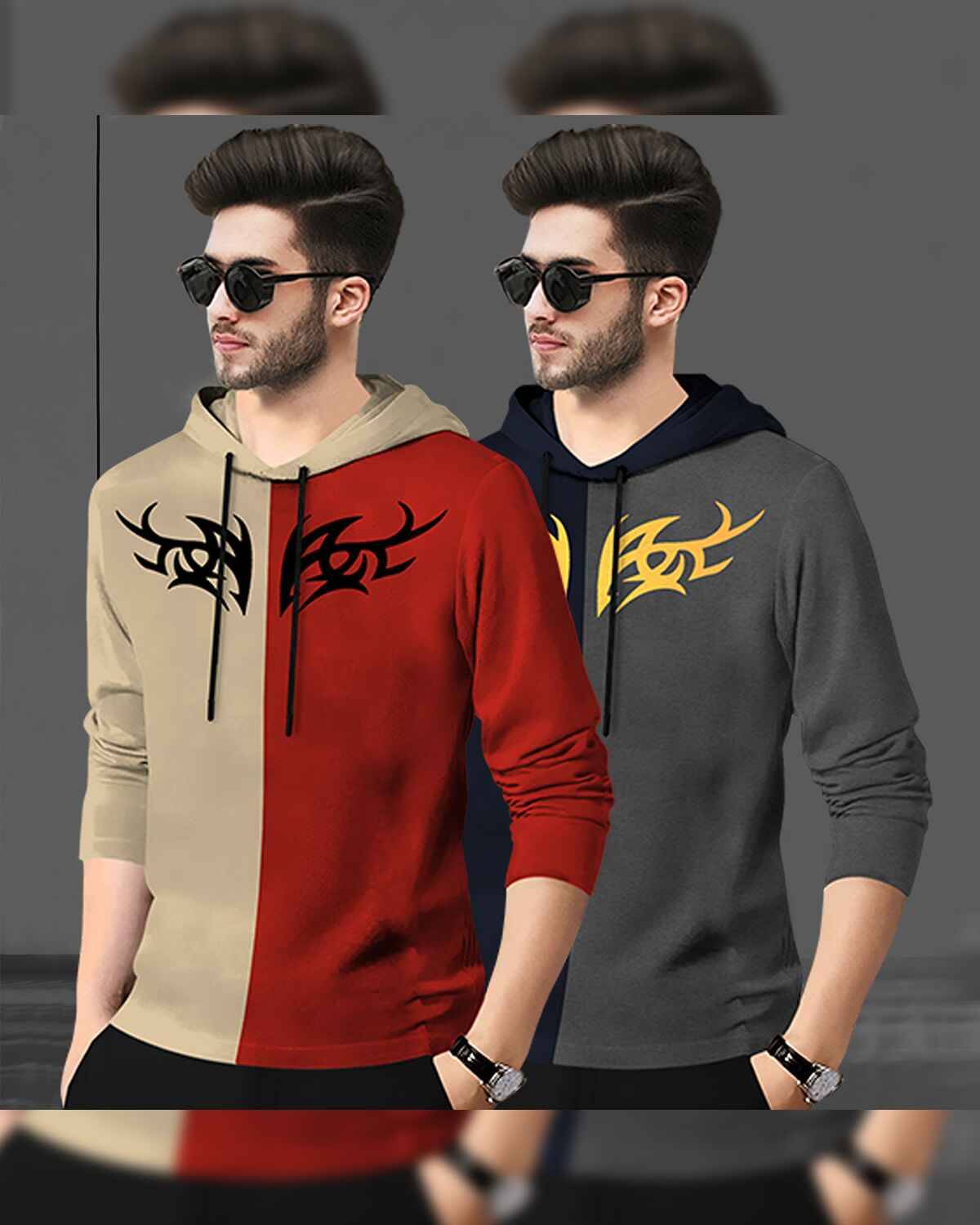 (Pack Of 2) Mens Printed Hooded Full Sleeve T-shirt Beige & Navyblue