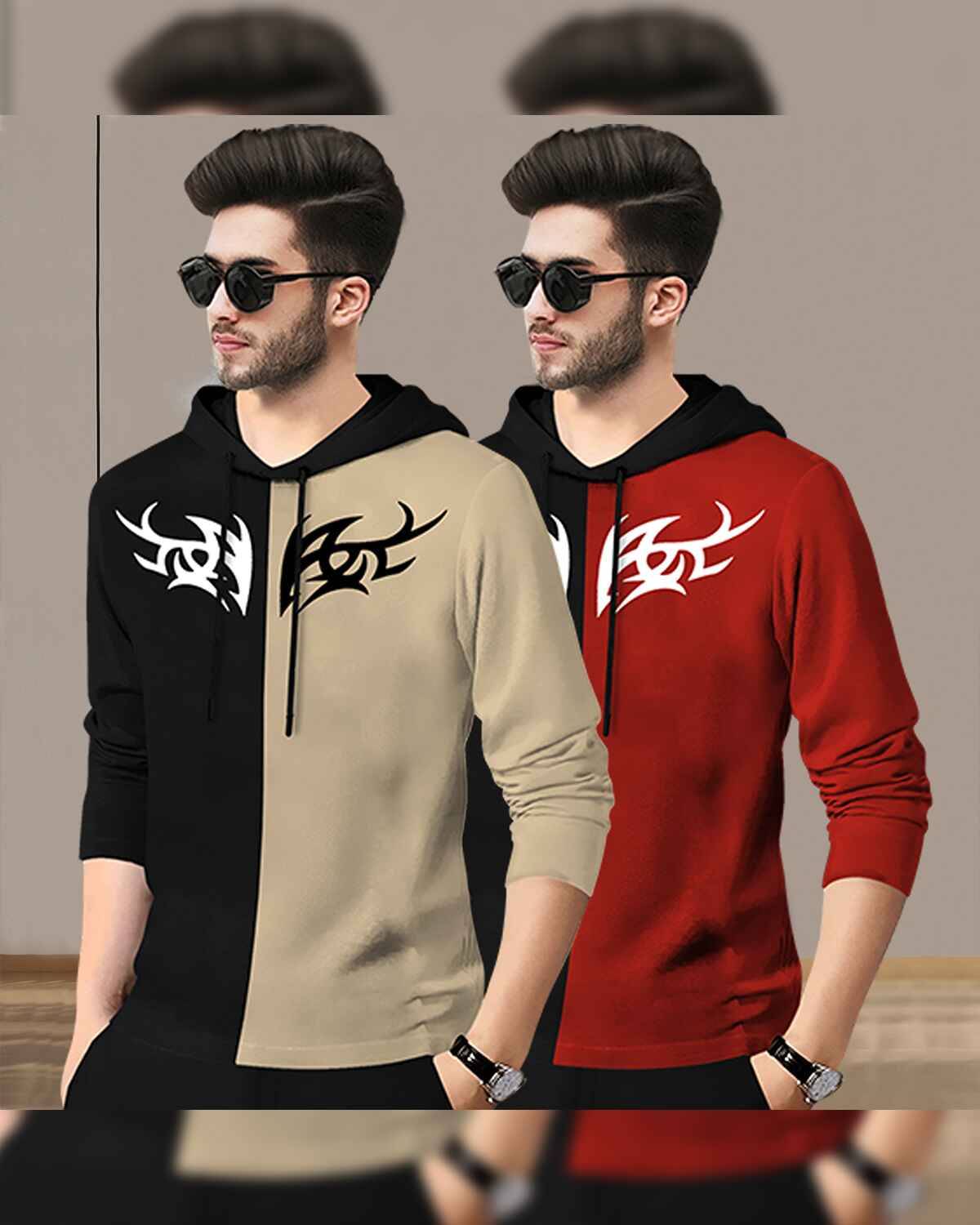 (Pack Of 2) Mens Printed Hooded Full Sleeve T-shirt / Black