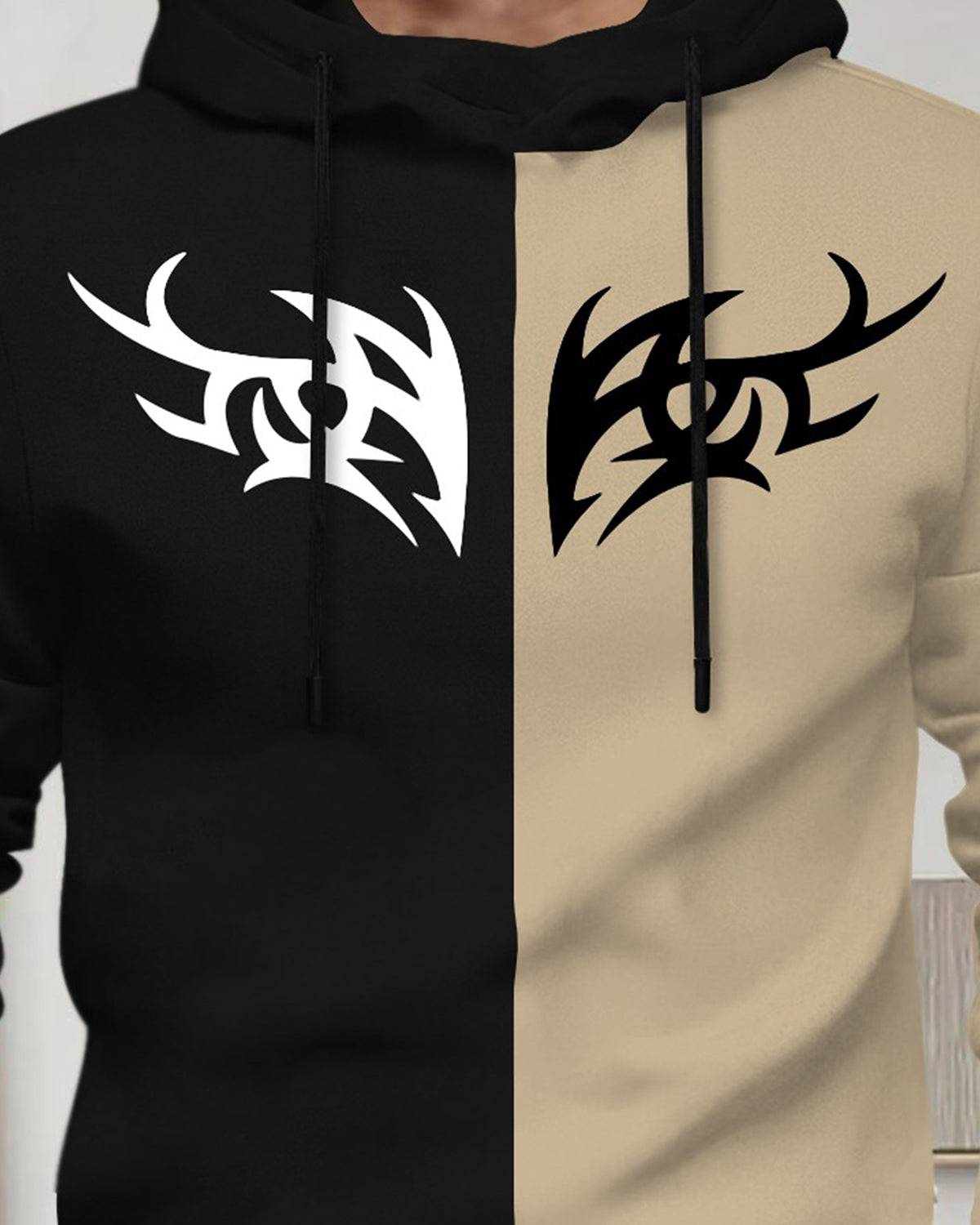 Mens Full Sleeve Hooded Neck Dual Color Printed T-shirt / Black & Beige
