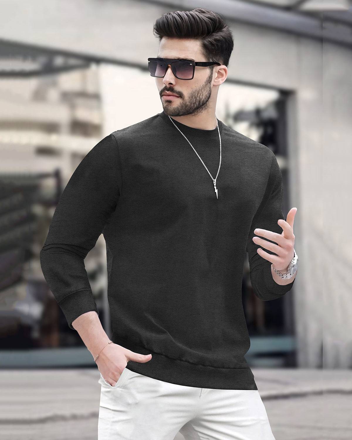 Mens Round Neck Full Sleeve Plain Charcoal Black T-shirt