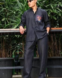 Black Linen Blend Casual Relaxed Fit Mandarin Collar Shirt & All Day Pants Co-Ord Set