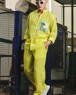 Lime Green Linen Blend Casual Relaxed Fit Mandarin Collar Shirt & All Day Pants Co-Ord Set