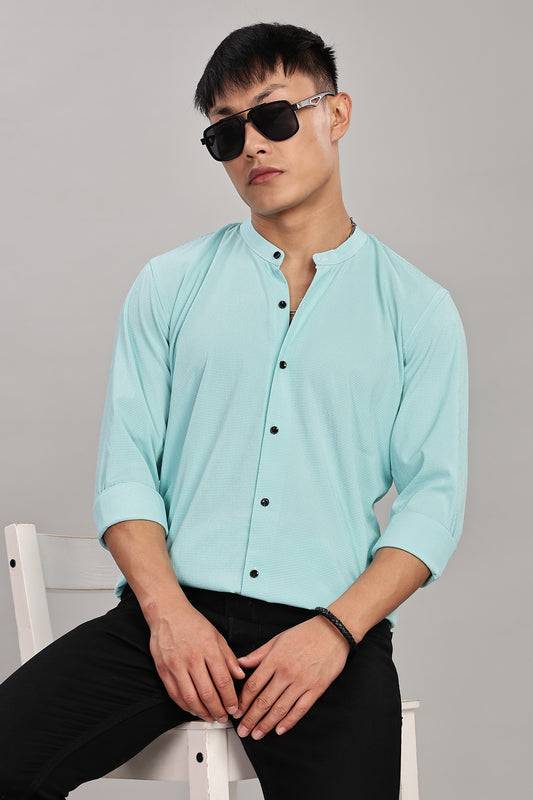 Men's Casual Mandarin Collar Shirt(Misty Aqua) – Premium Cotton Blend