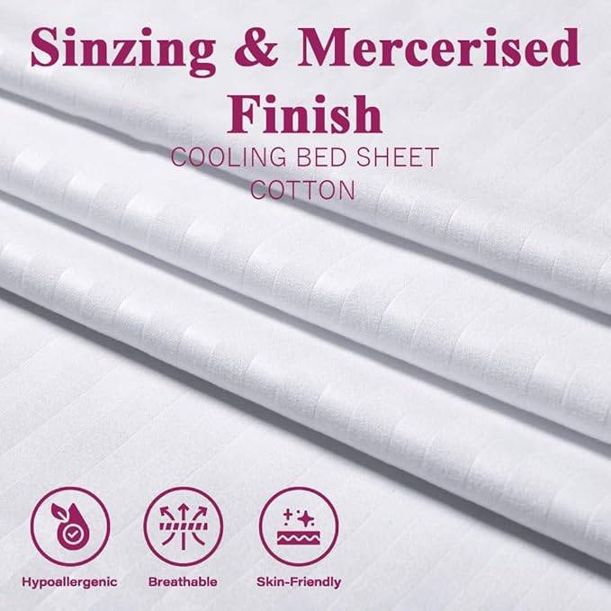 White Elegance Bedsheet Set – Premium Cotton Feel with Subtle Satin Stripes – Double Bed Size Buy @ ₹1999