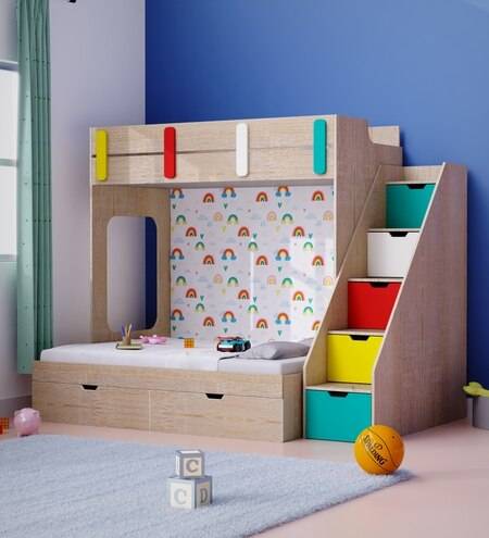 Pattern Dreams Bunk Bed  6X5 (Drawers On Wheels) In Oak & Teal Colour