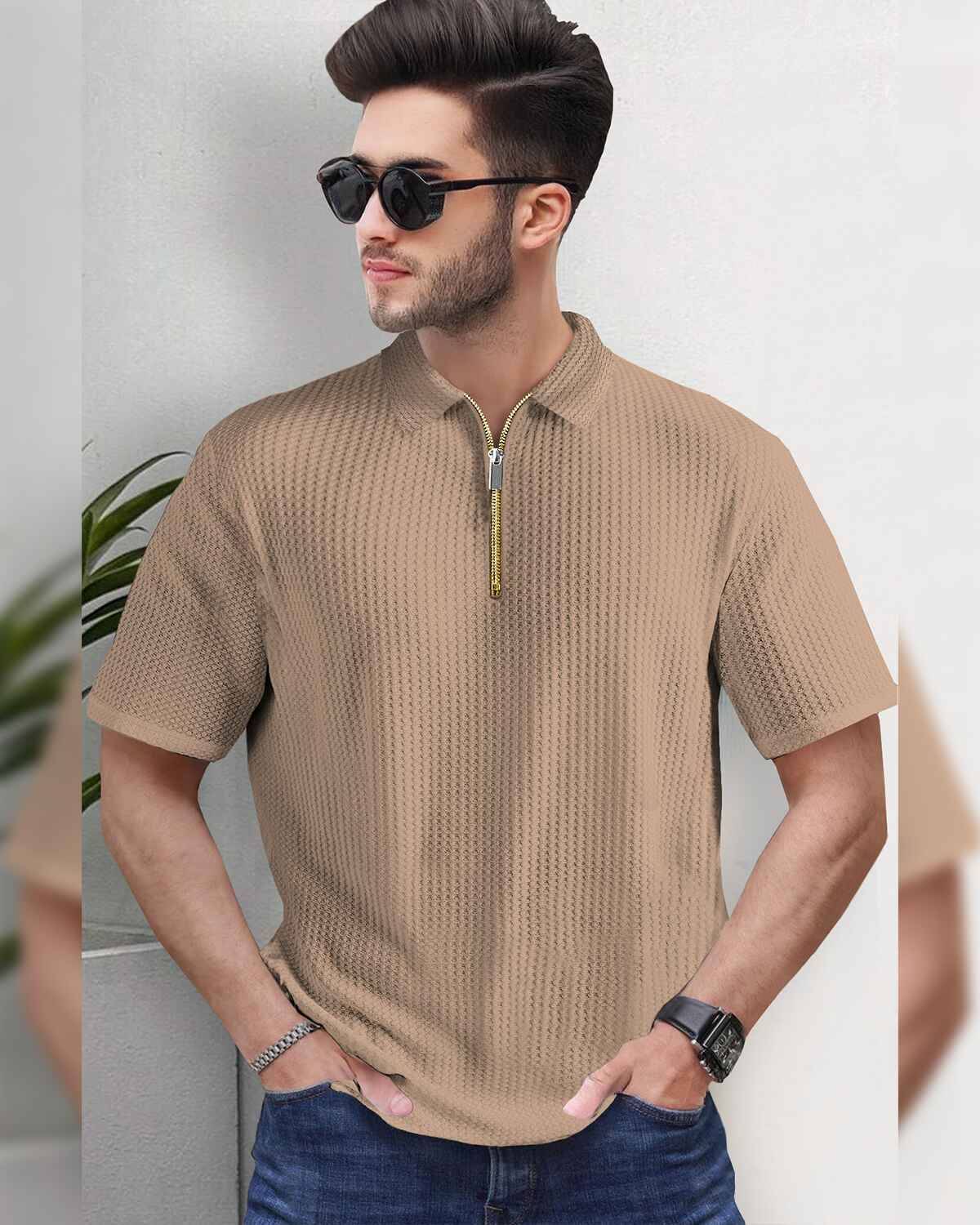 Mens Half Sleeve Zipper Polo Fit Waffle Beige T-shirt