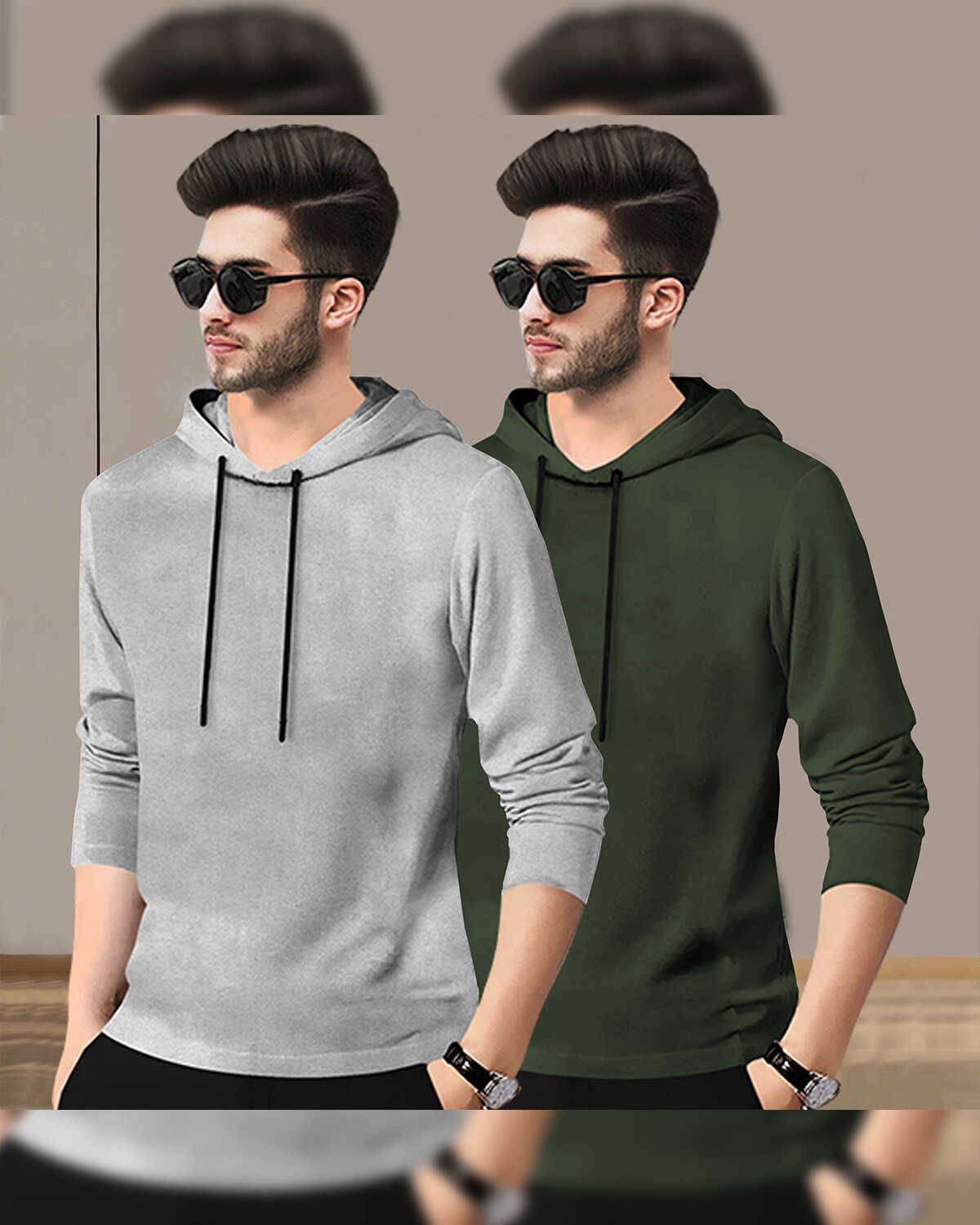 (Pack Of 2) Mens Full Sleeve Plain Grey & Olivegreen Hooded T-shirts