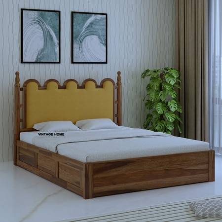 Heritage Sheesham Wood Queen Size Bed With Box Storage in Provincial Teak Finish