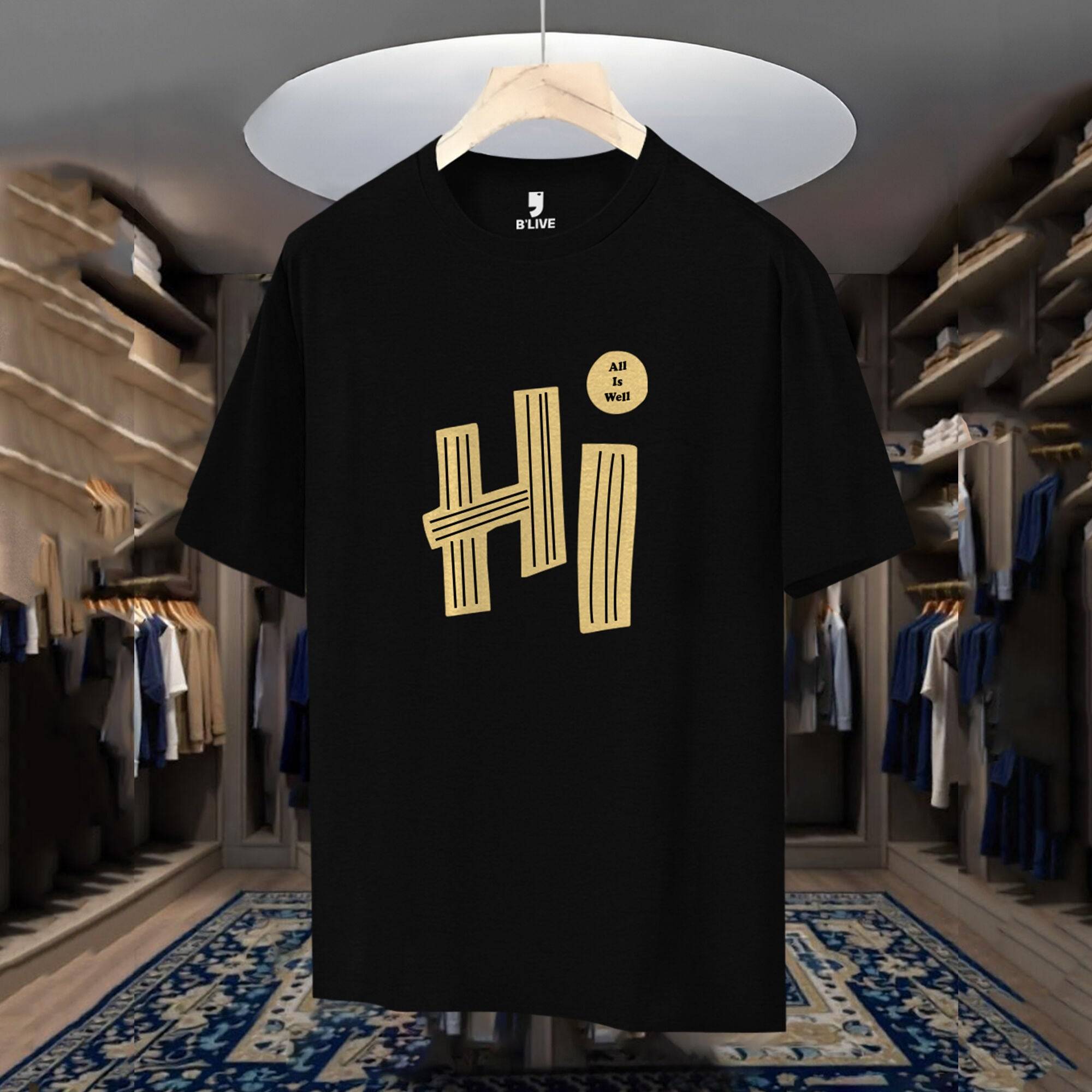 Hi Printed Half Sleeve Round Neck Black Tshirt