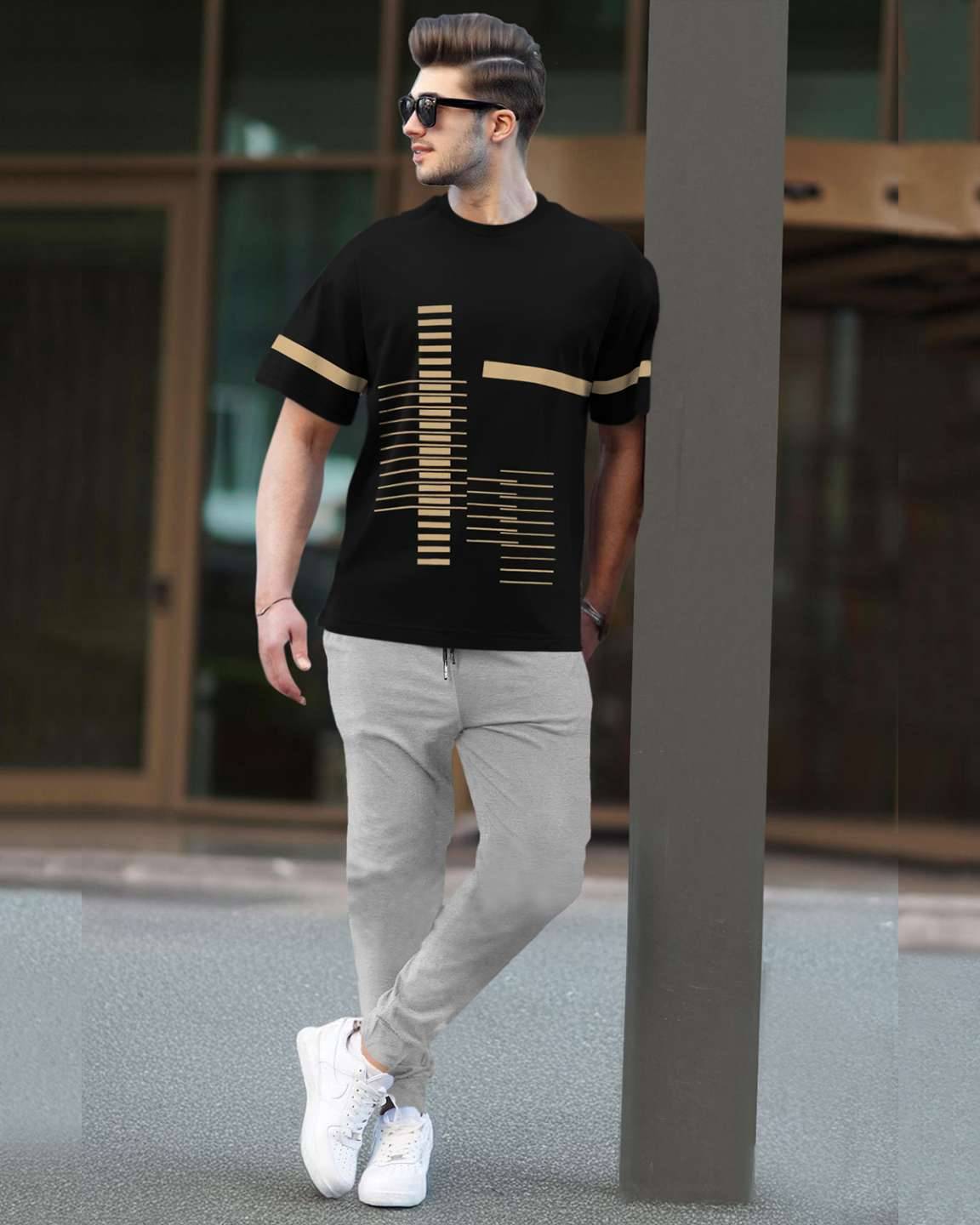 Track Suit Half Sleeve Black Printed T-shirt with Plain Grey Trackpant