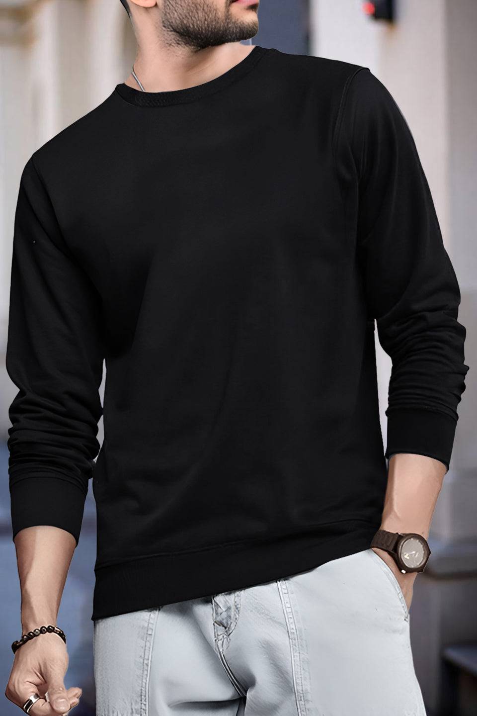 Mens Full Sleeve Round Neck Black T-shirt