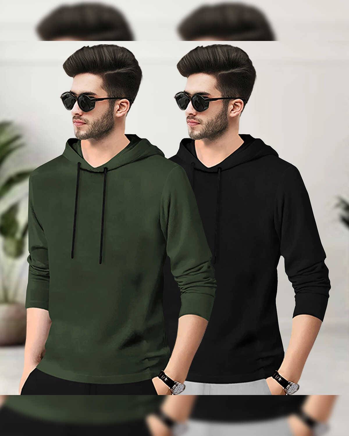 (Pack Of 2) Mens Full Sleeve Plain Olive & Black Hooded T-shirts