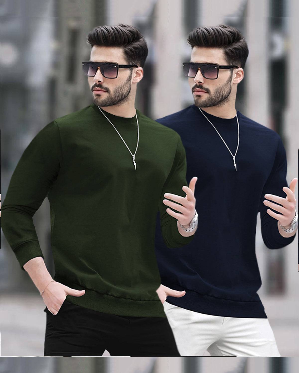 Pack Of 2 - Men Round Neck Full Sleeve Plain T-shirts - 3 Variants