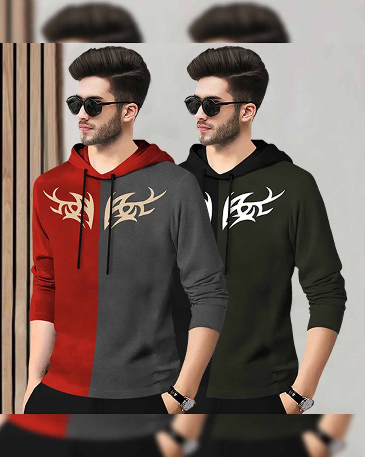 (Pack Of 2) Mens Printed Hooded Full Sleeve T-shirt Red & Black