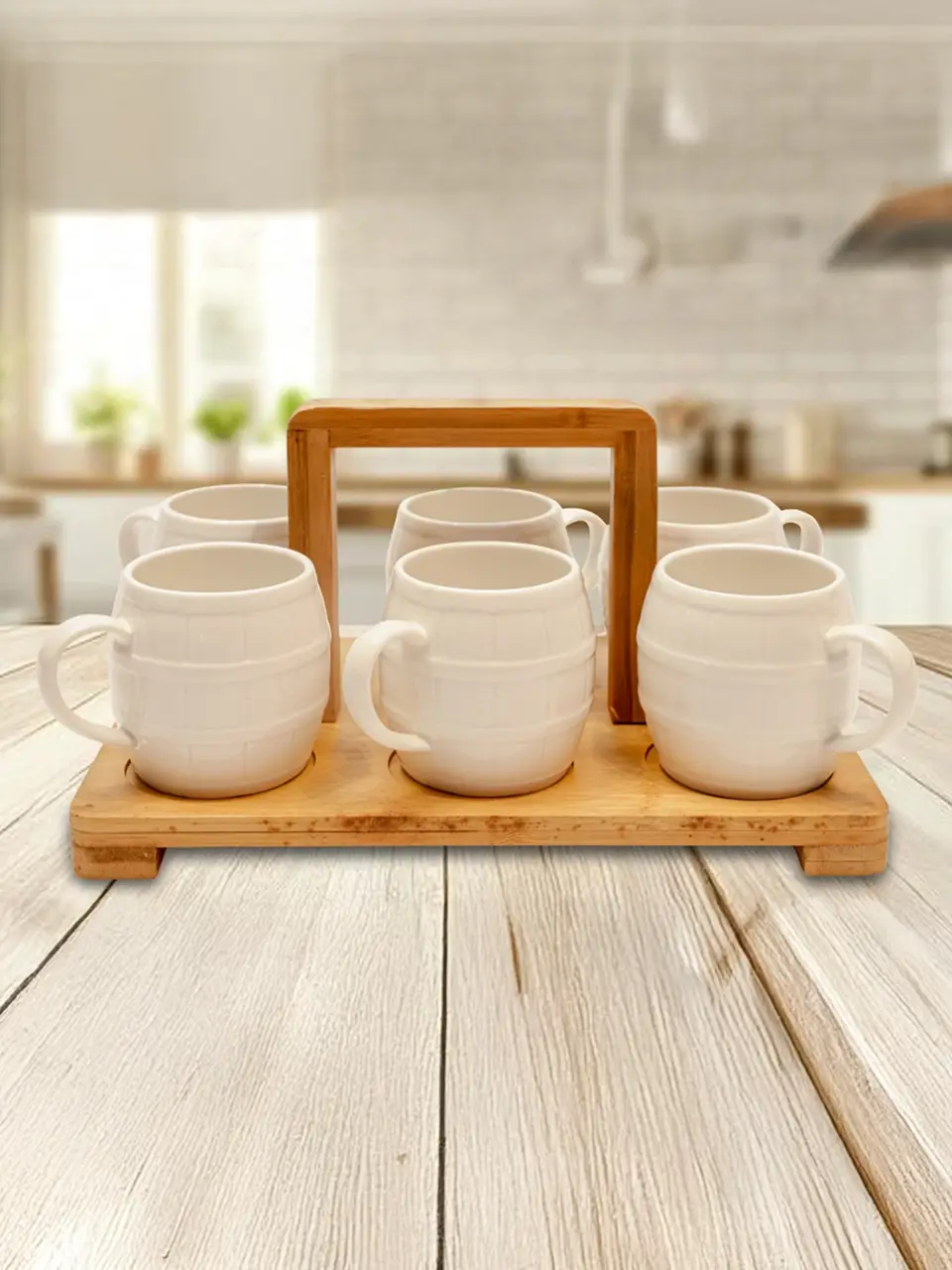 Blluex Barrel-Style Ceramic Mug Set with Wooden Carry Stand Buy @ ₹1600