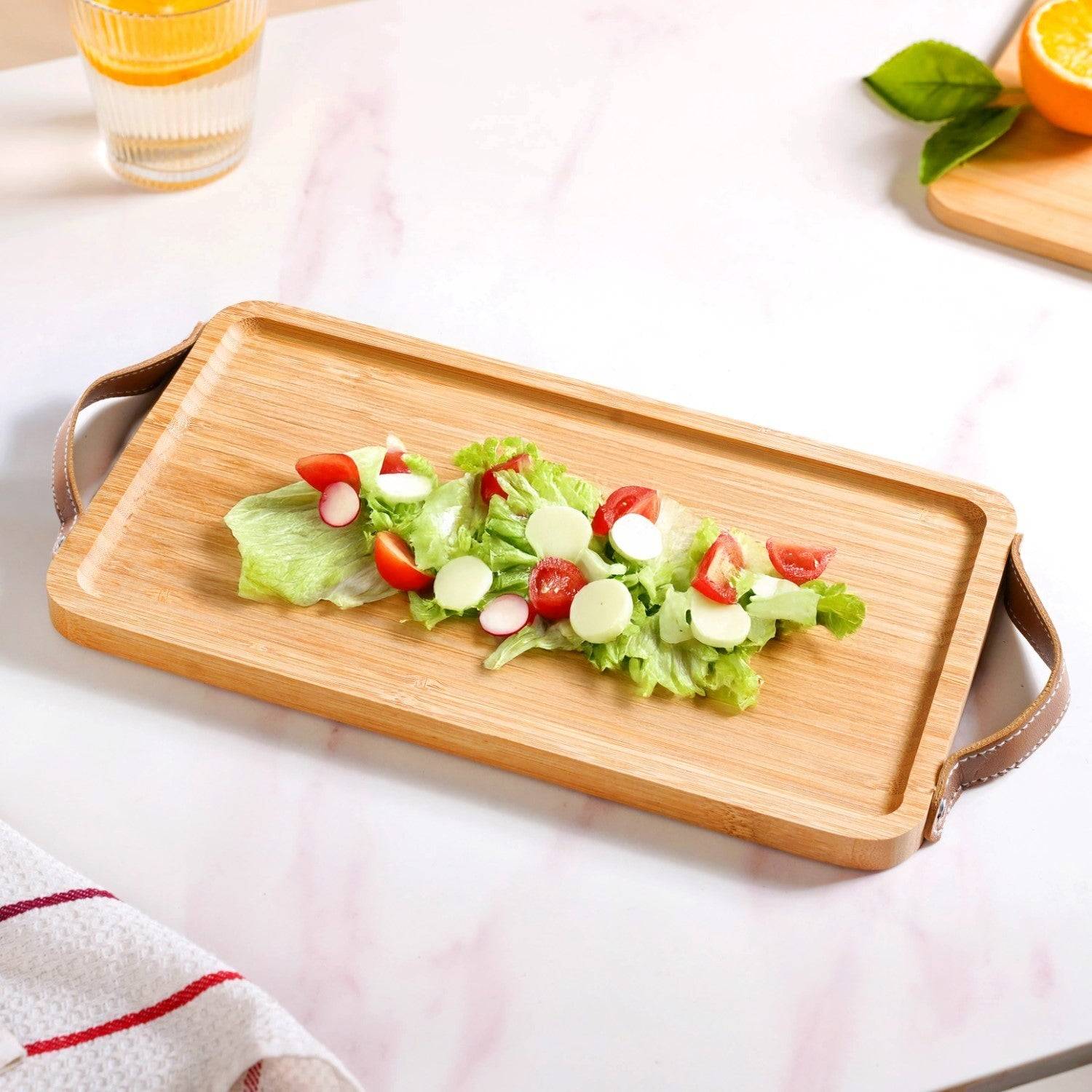 Bamboo Tray With Leather Handles 12inch