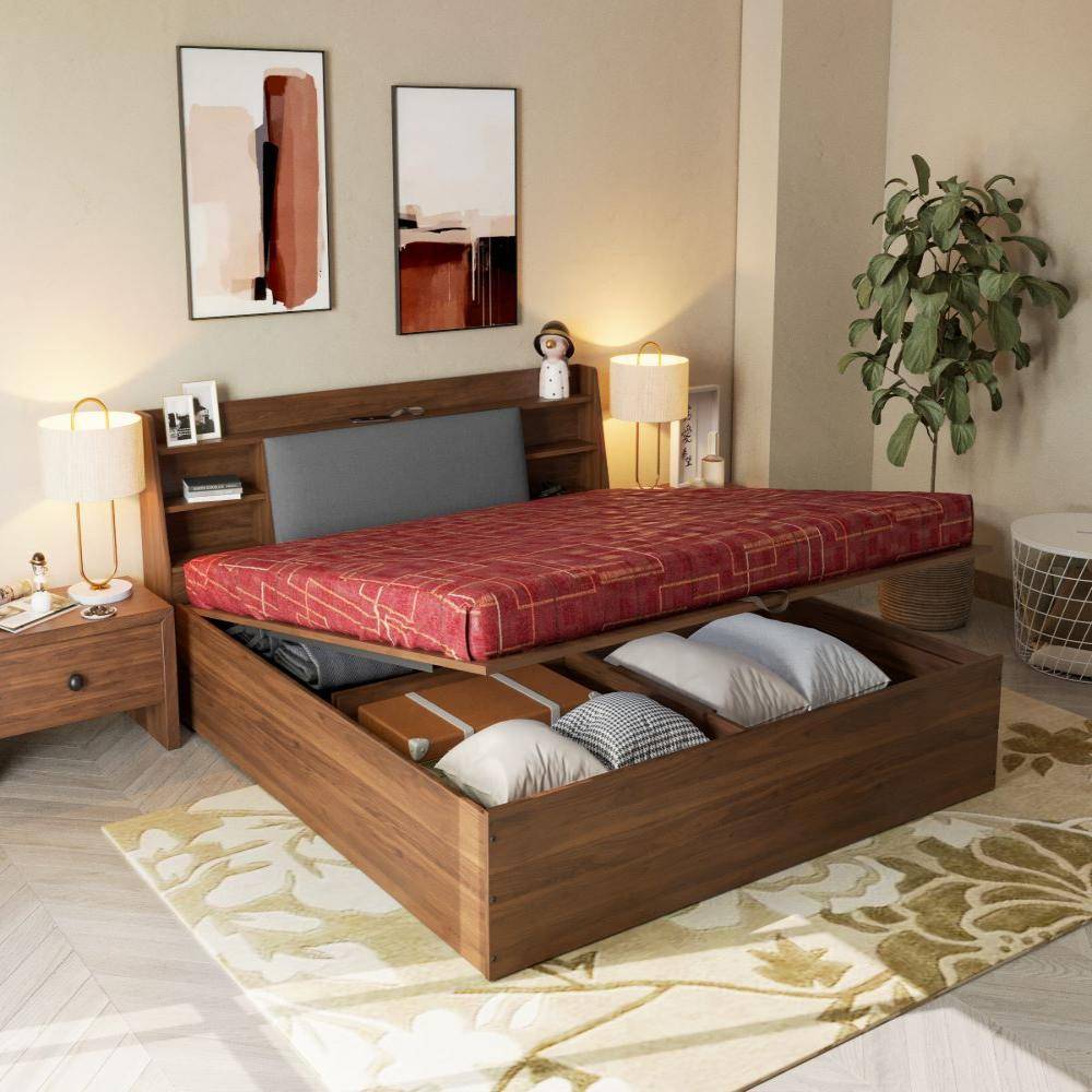 Leo King Storage Engineered Wood Bed With Omega Grey Upholstered Headboard With Hydraulic Mechanism (78x72 inch)