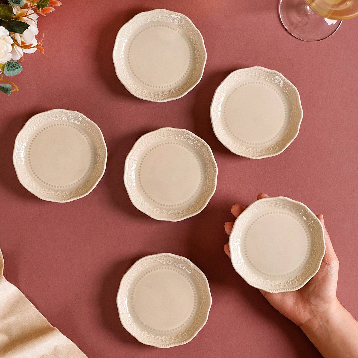 Era Embossed Small Dessert Plate Set Of 6 Beige 4.5" buy only at ₹1250