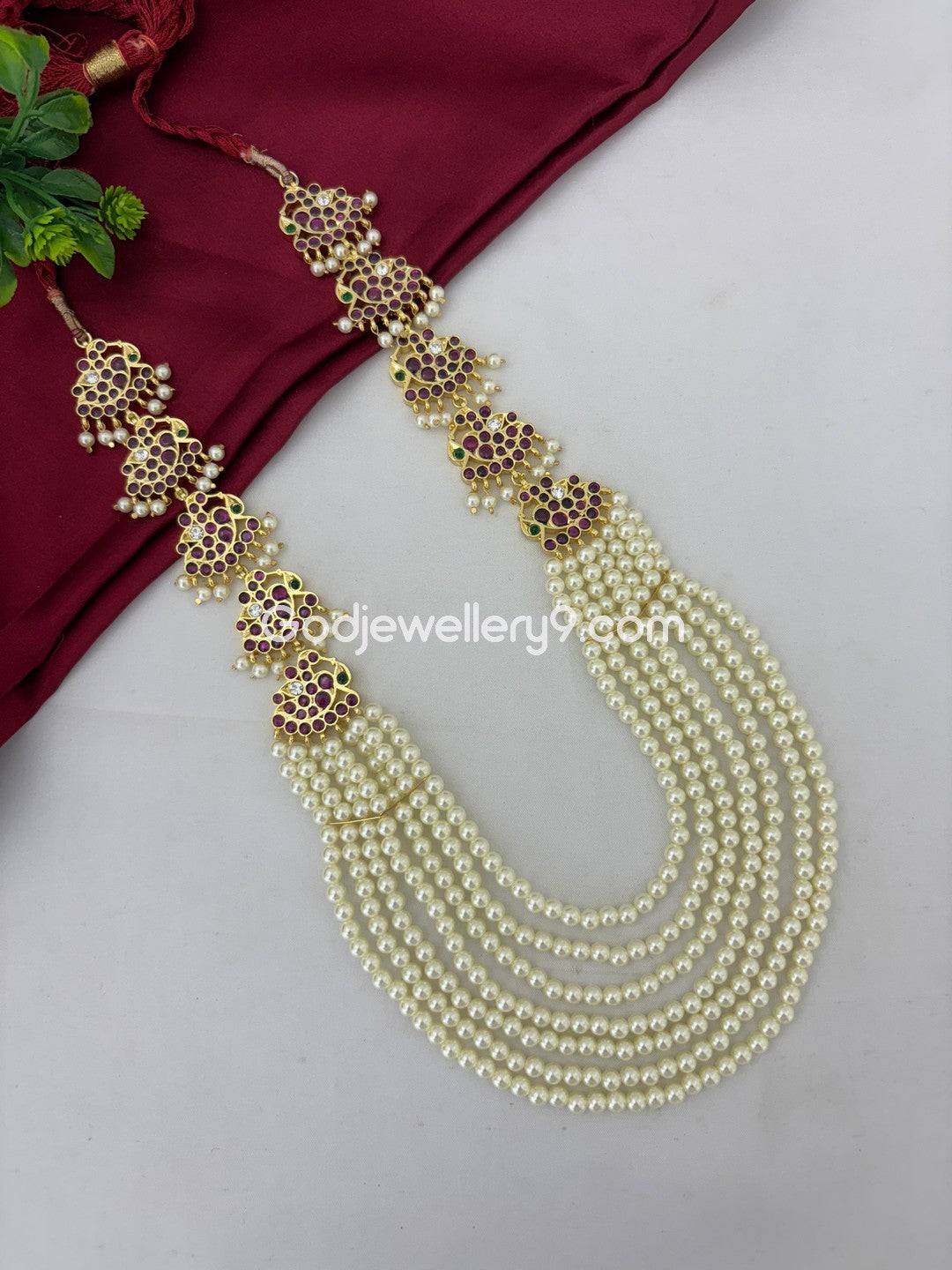 Bharatanatyam Pearls Brass kemp Long Necklace Haram Godjewellery9