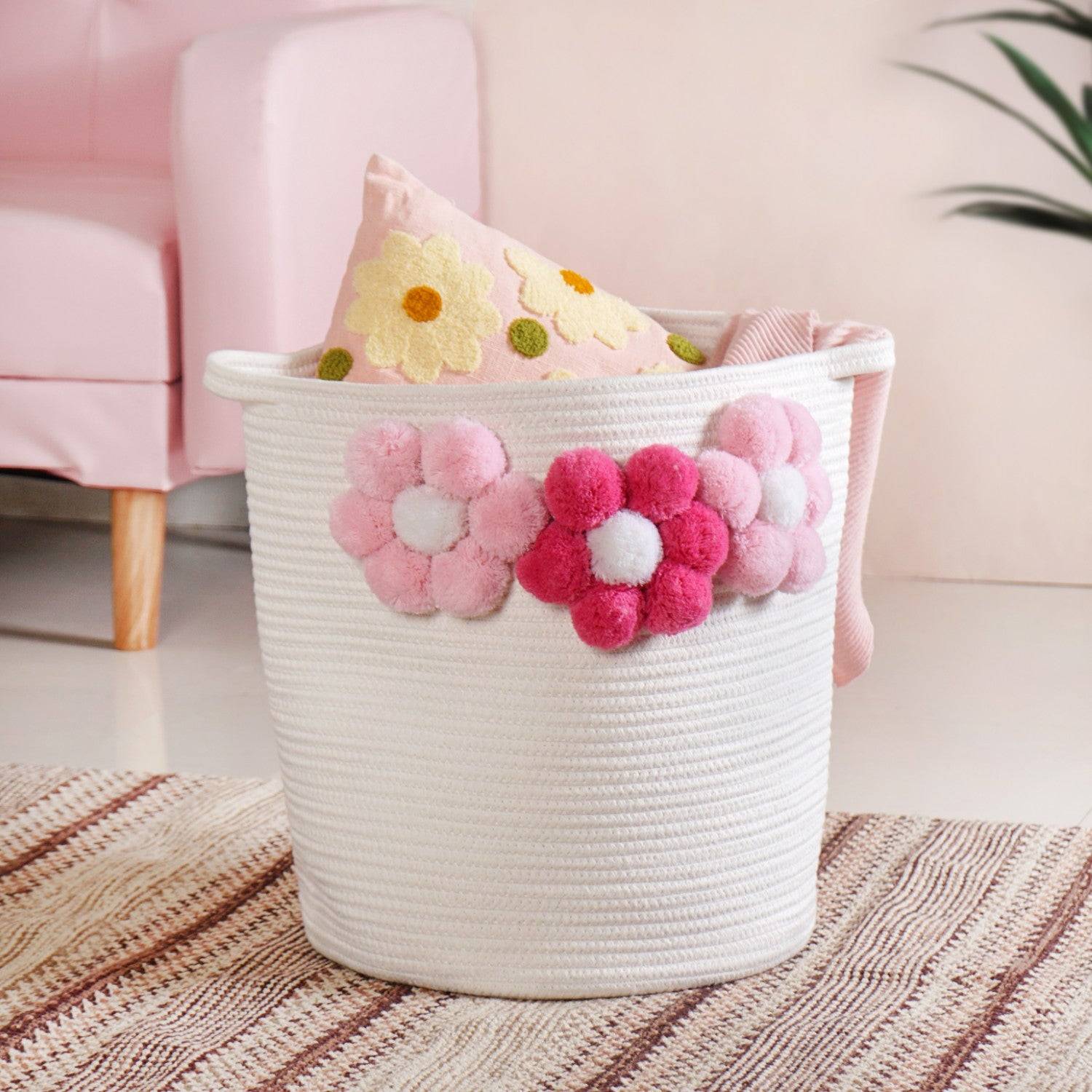 White Basket With Pink Flowers 40cm