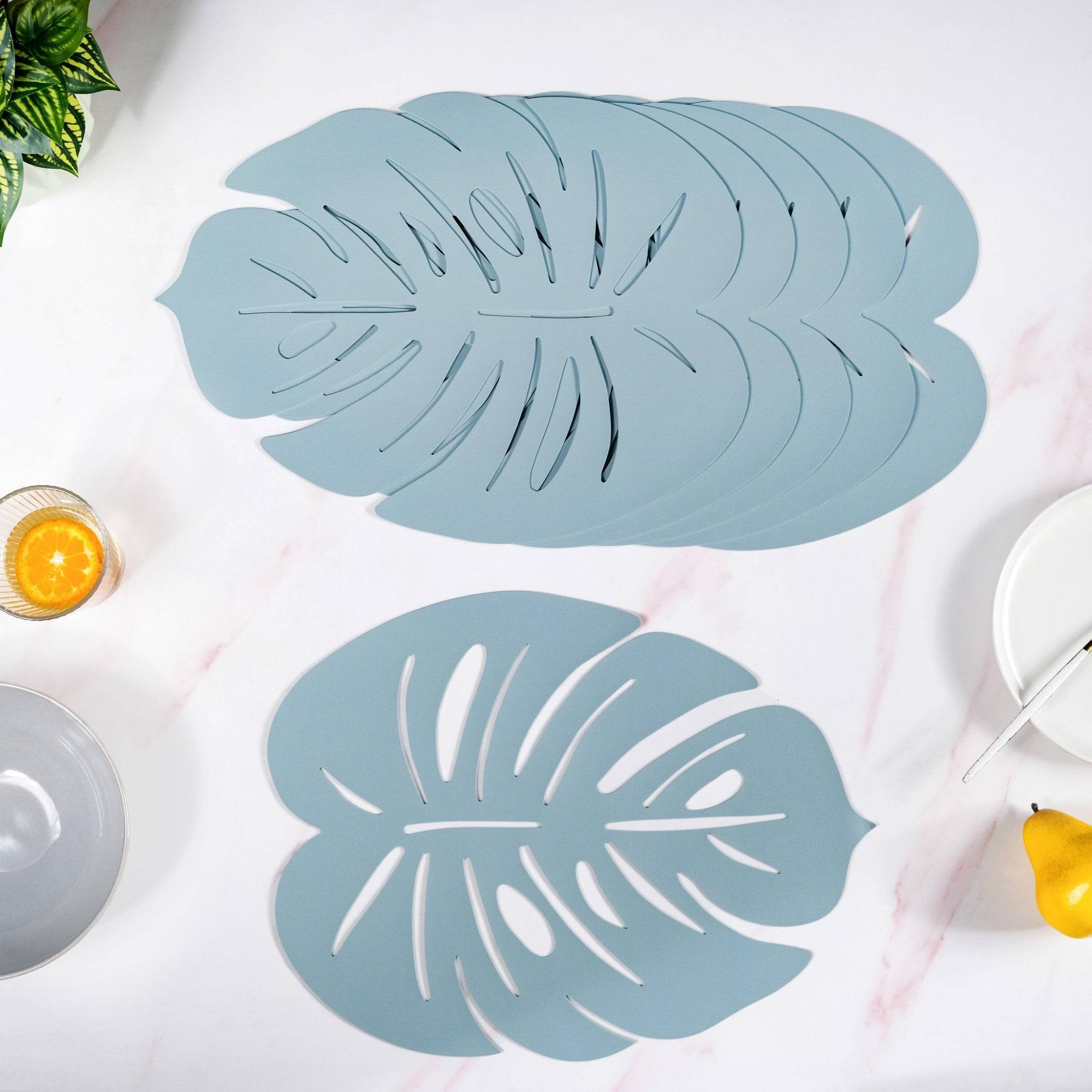 Blue Laser Cut Monstera Leaf Table Mat Set Of 6