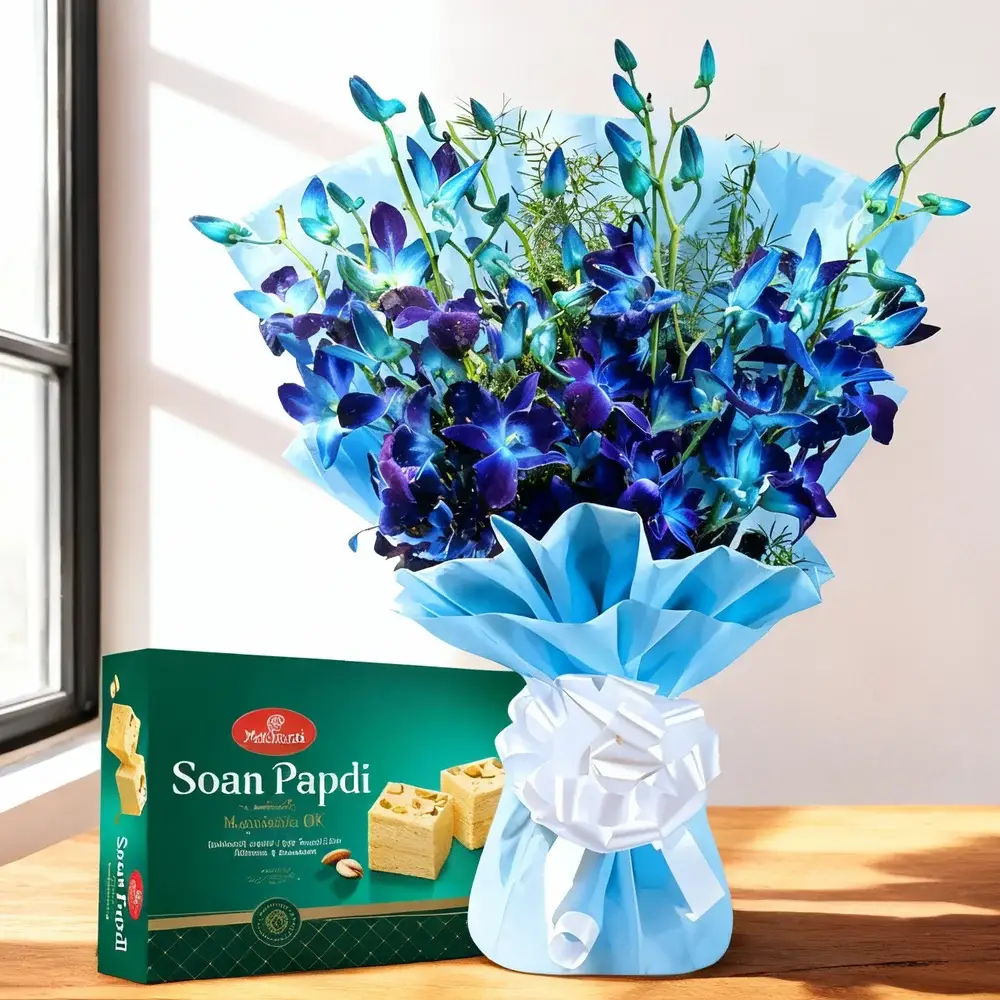 Bouquet of Blue Orchids & Soan Papdi