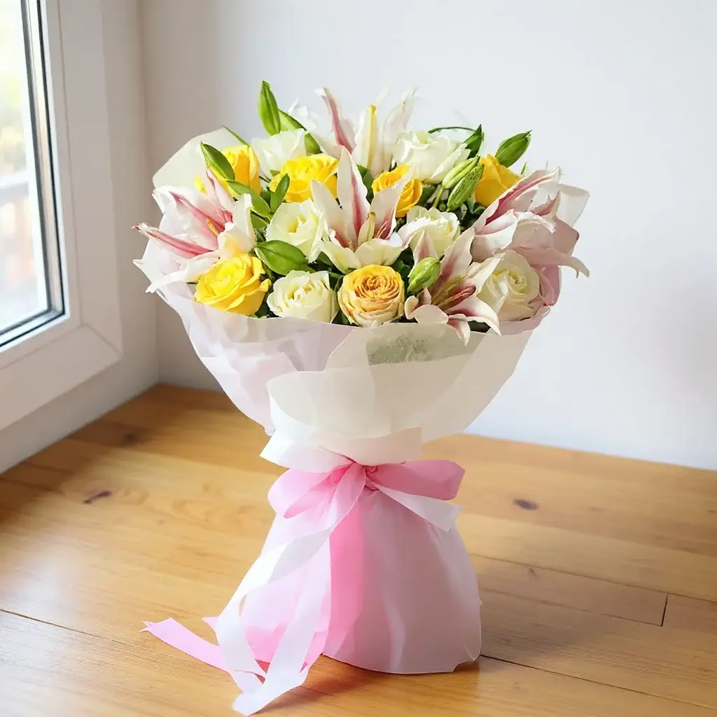 Bouquet of Pink Lilies, Yellow & White Roses