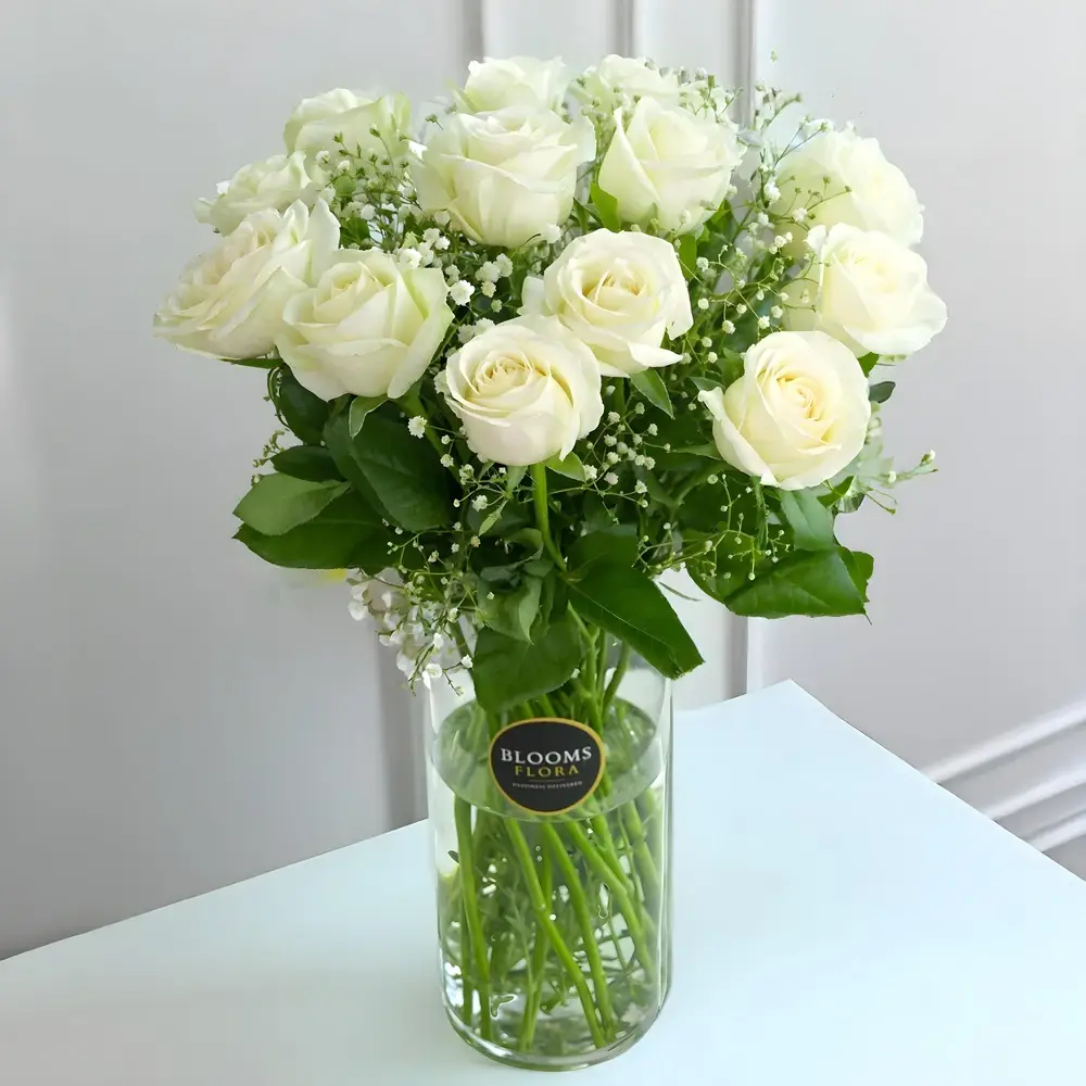 Bright White Roses in a Vase