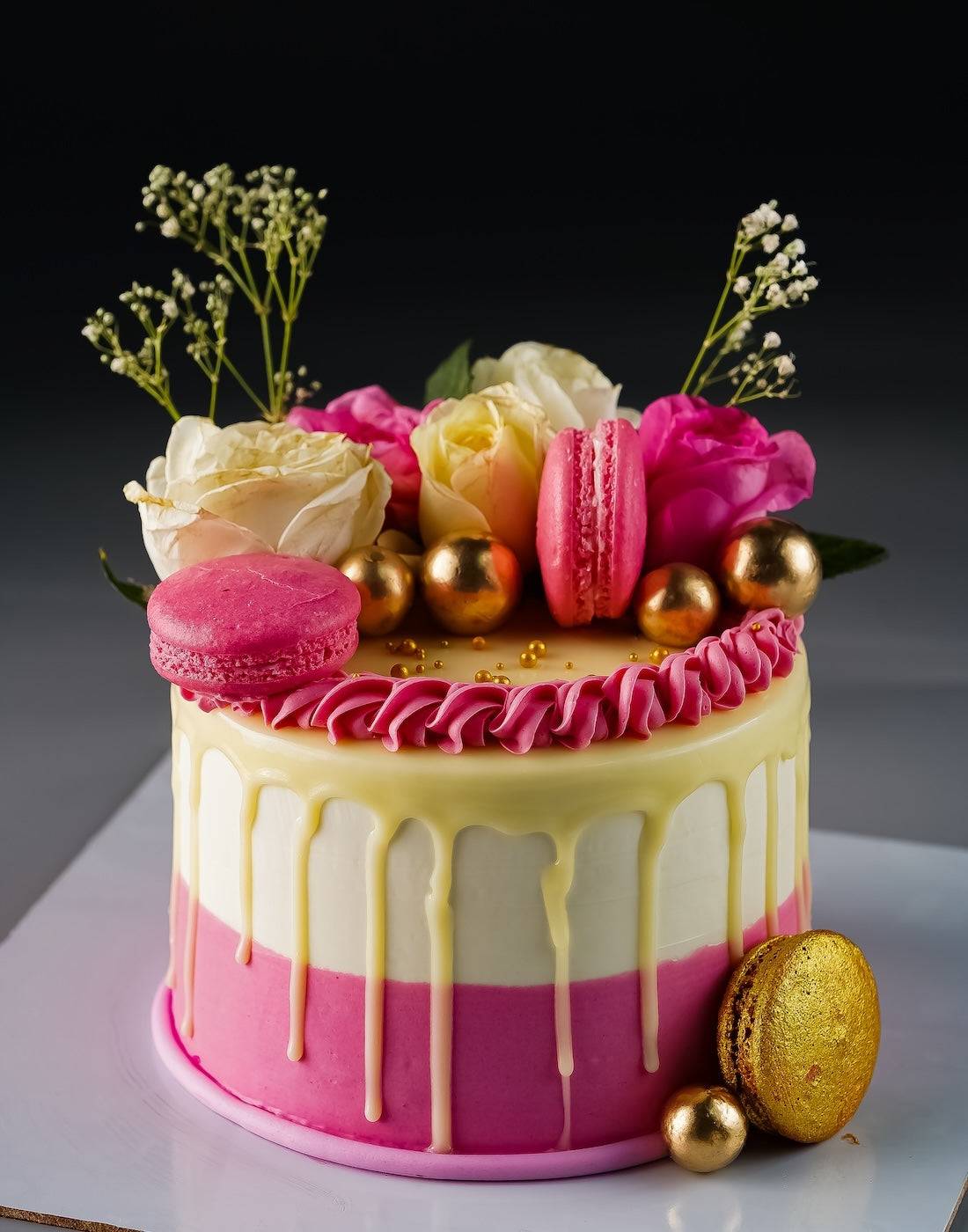 Real Rose Macaron Drip Cake