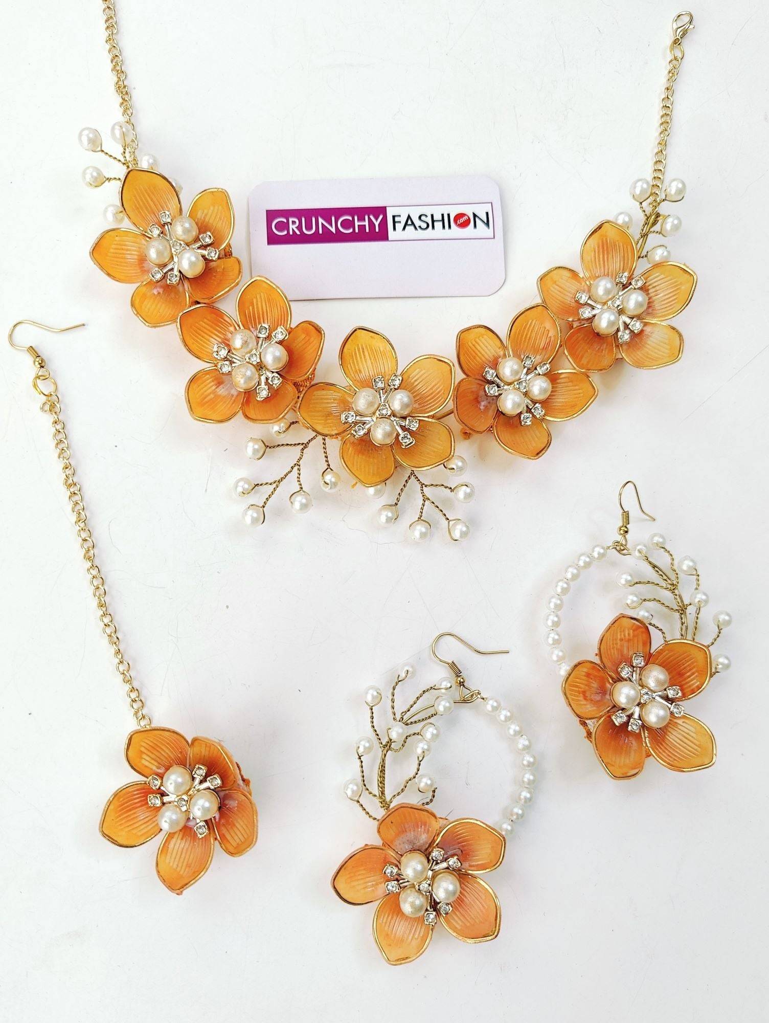 Rusted Orange Floral Acrylic Jewelry Set for Haldi Mehndi