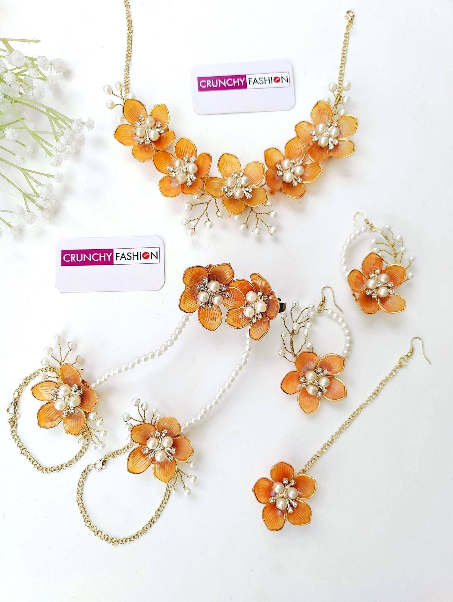 Rusted Orange Floral Acrylic Jewelry Set for Haldi Mehndi