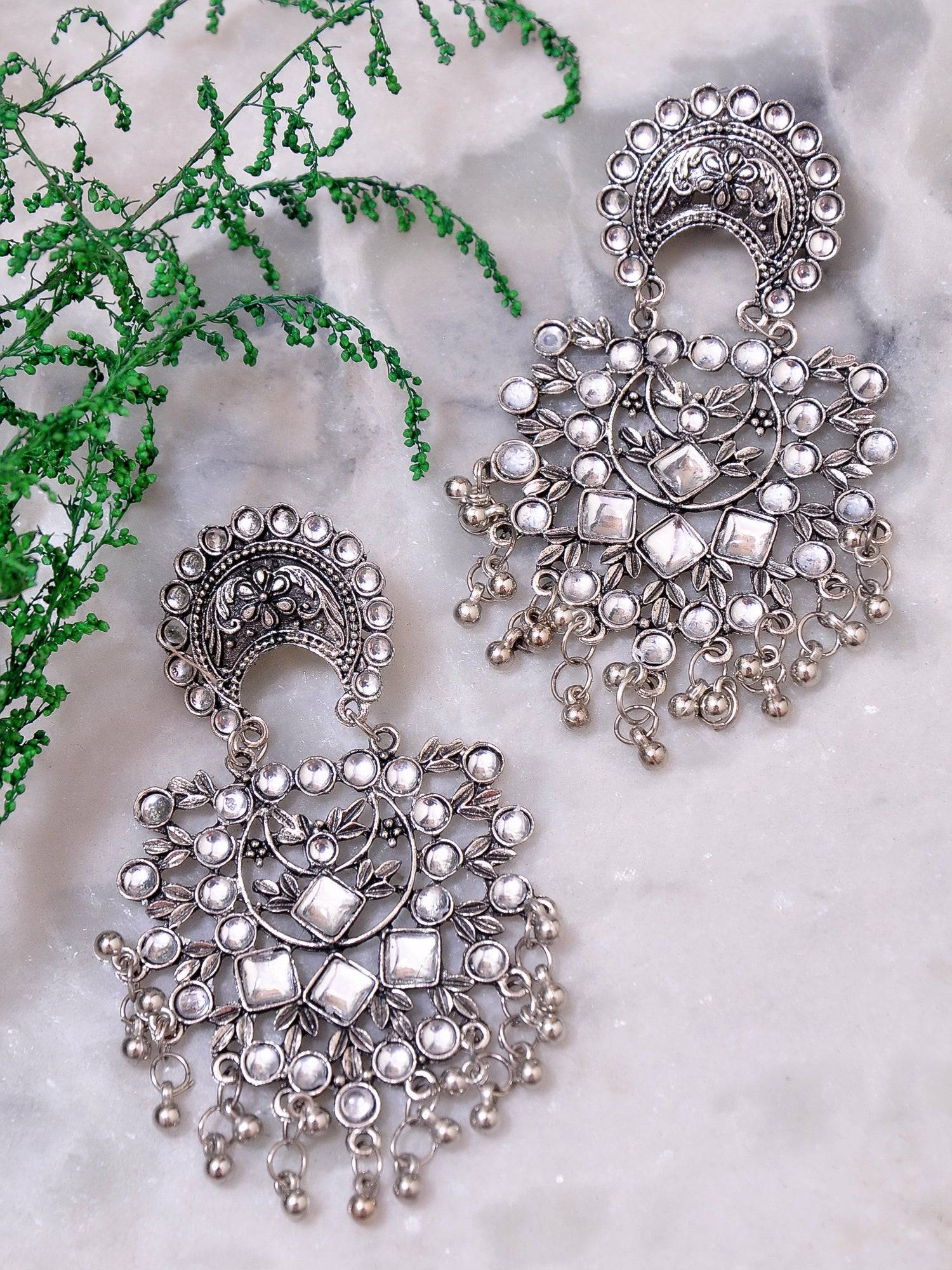 Silver Oxidised Chandbali Danglers Fashionable Women & Girls