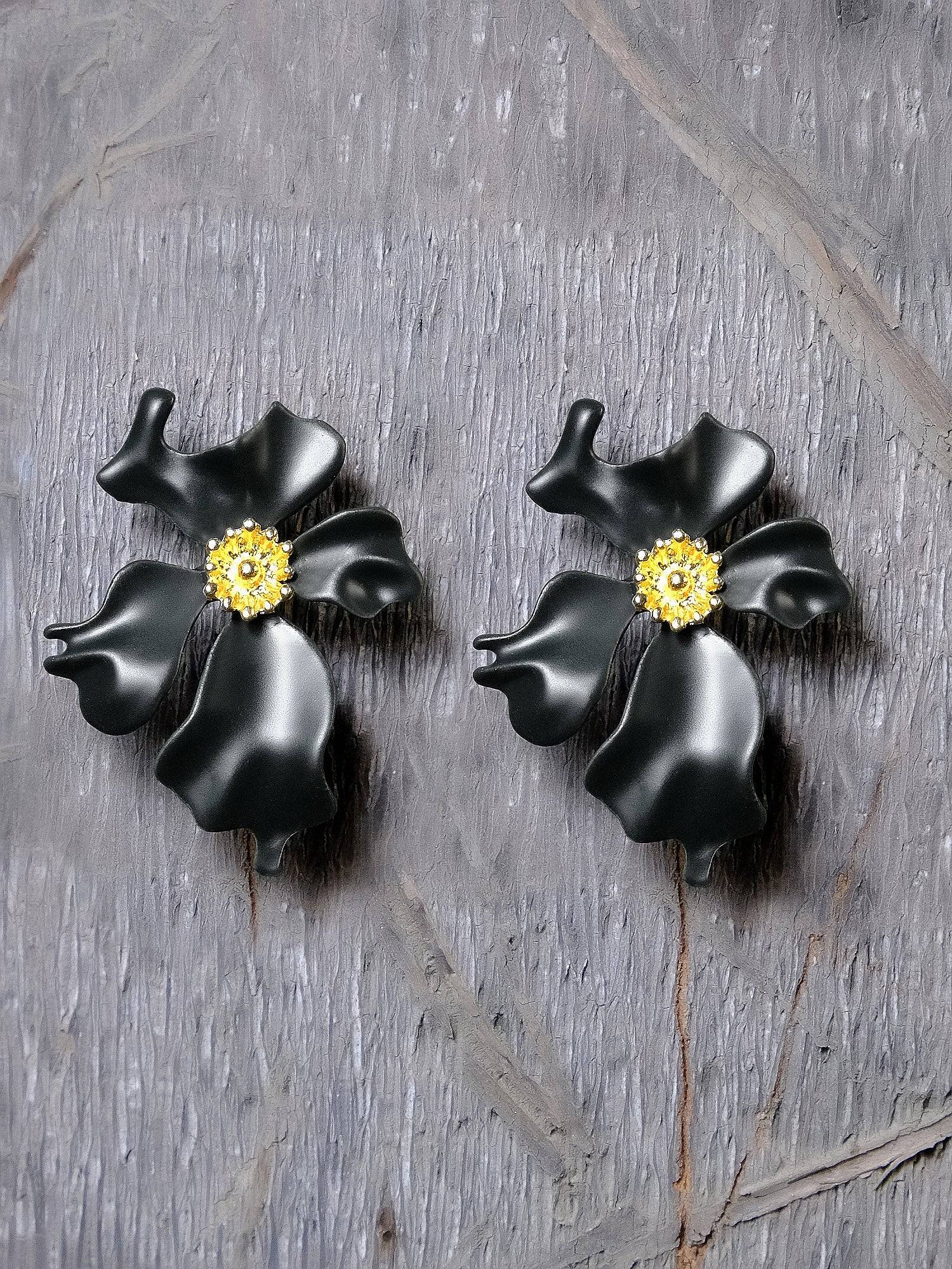 Designer Black Metal Flower Drop Earrings for Fashionistas