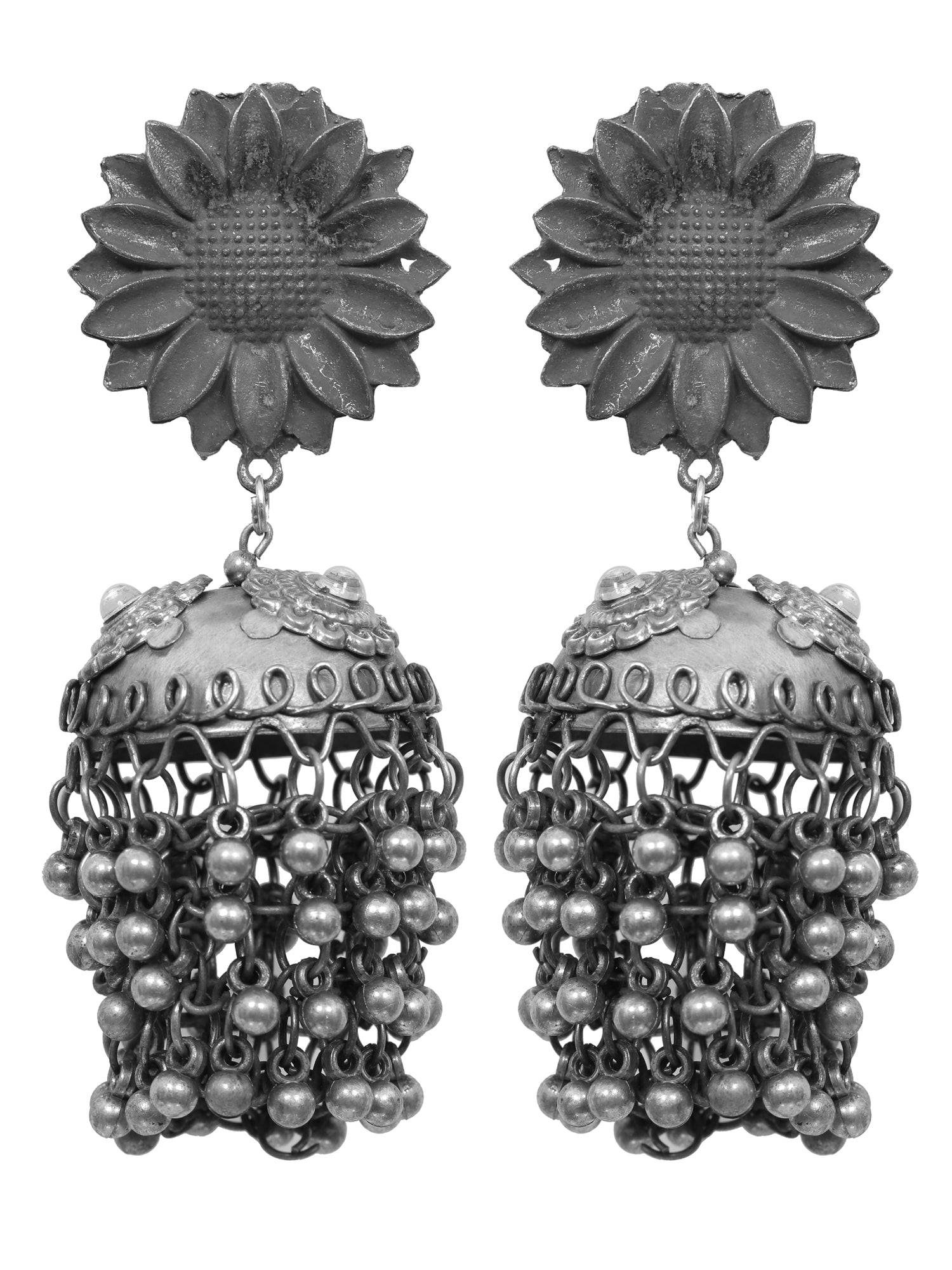 Sana Banjara Jhumka- Oxidised Silver Boho Big Ghoongoo Jhumka Earrings for Women