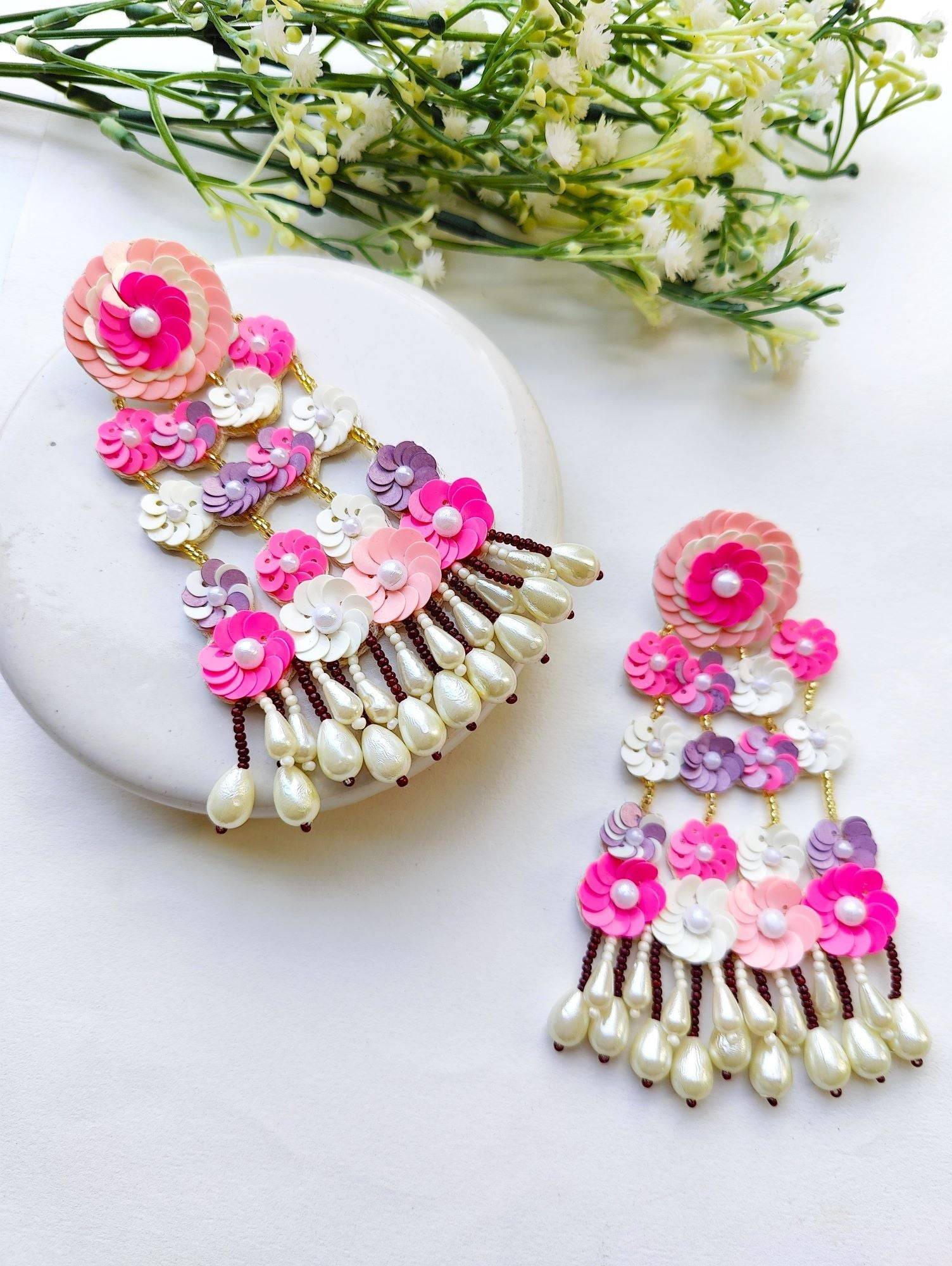 Pink-Lavender-Peach Stylish Party Wear Handmade Floral Earrings for Haldi-Mehndi