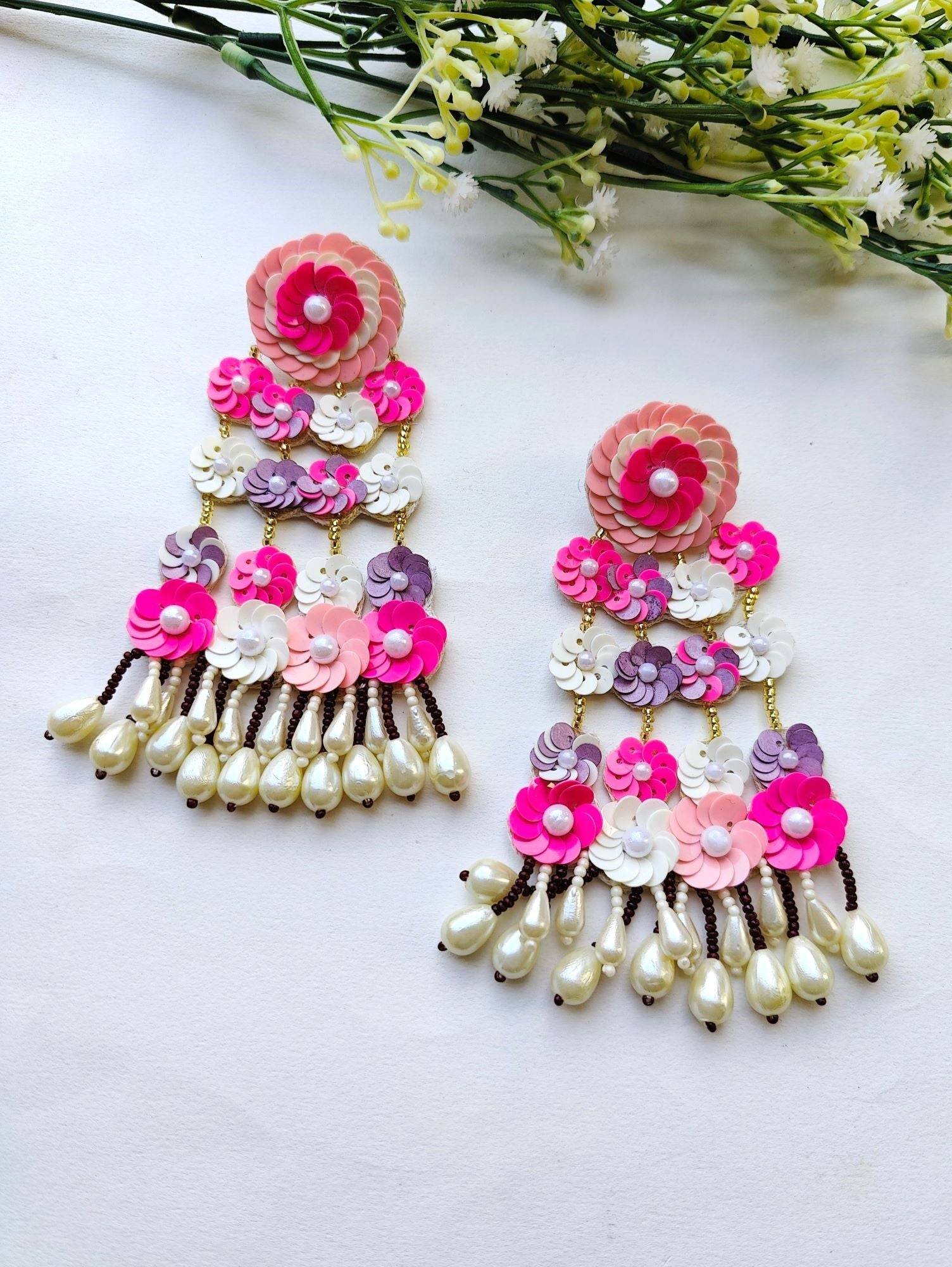 Pink-Lavender-Peach Stylish Party Wear Handmade Floral Earrings for Haldi-Mehndi
