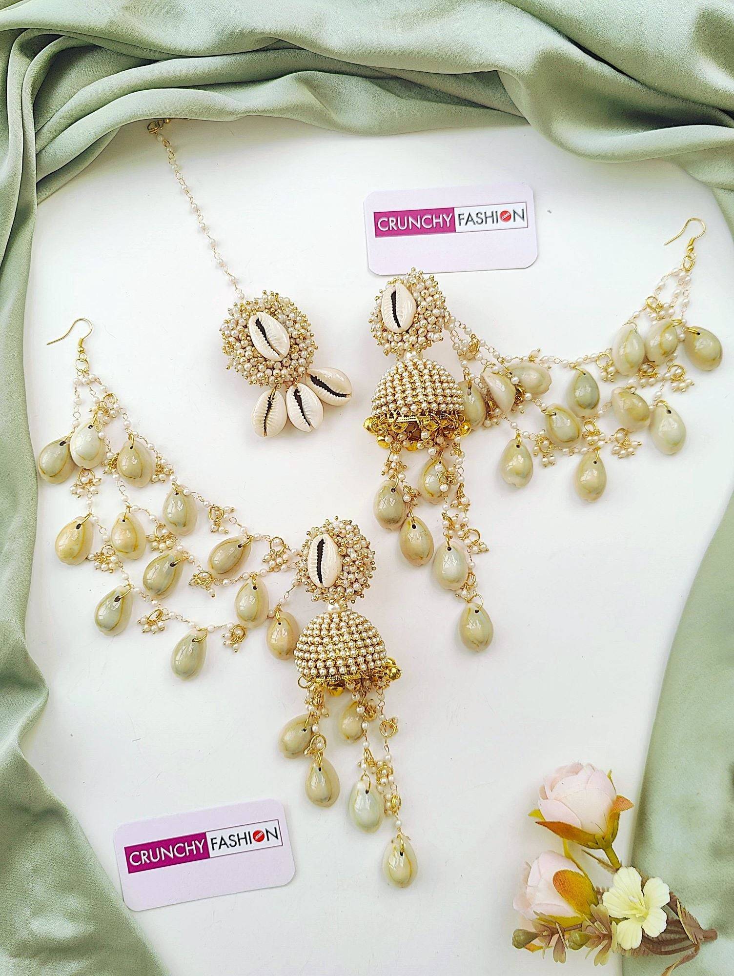 Pearl & Shell Jhumka Earrings, Tikka & Ear Chains for  Haldi