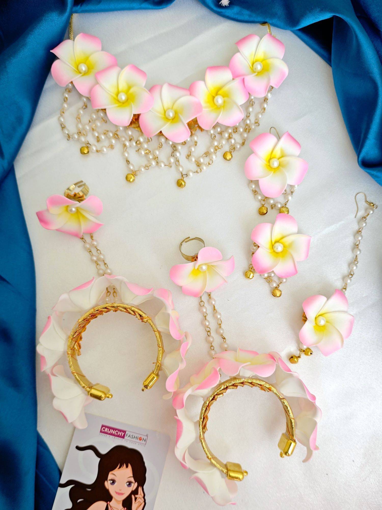 White-Pink Tropical Jewellery Set- Floral Bridal Jewellery Set for Haldi and Baby Shower