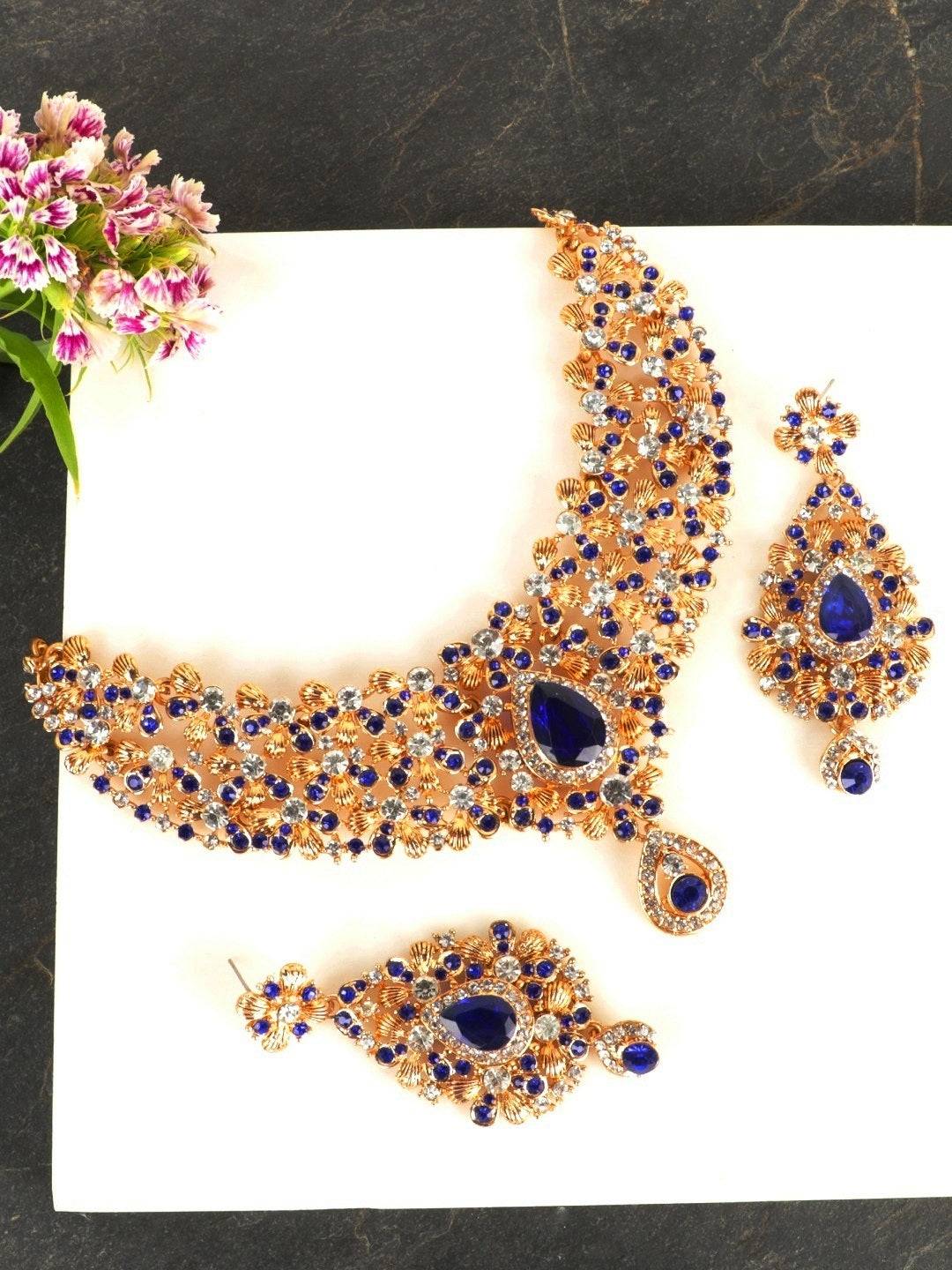 Blue Crystal Golden Plated Necklace Earrings Set