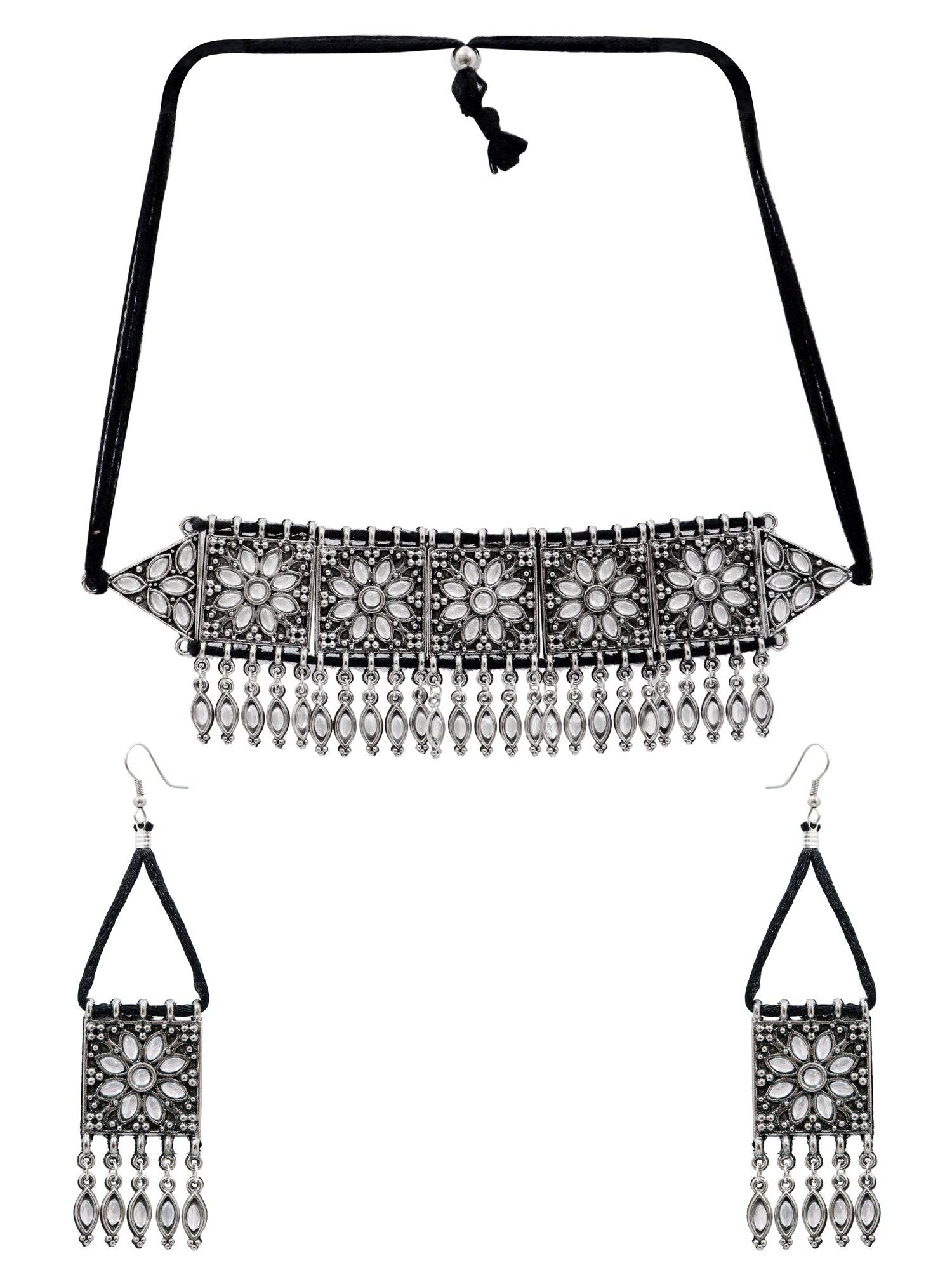 Oxidised Silve Meena Work Jewellery Set for Women