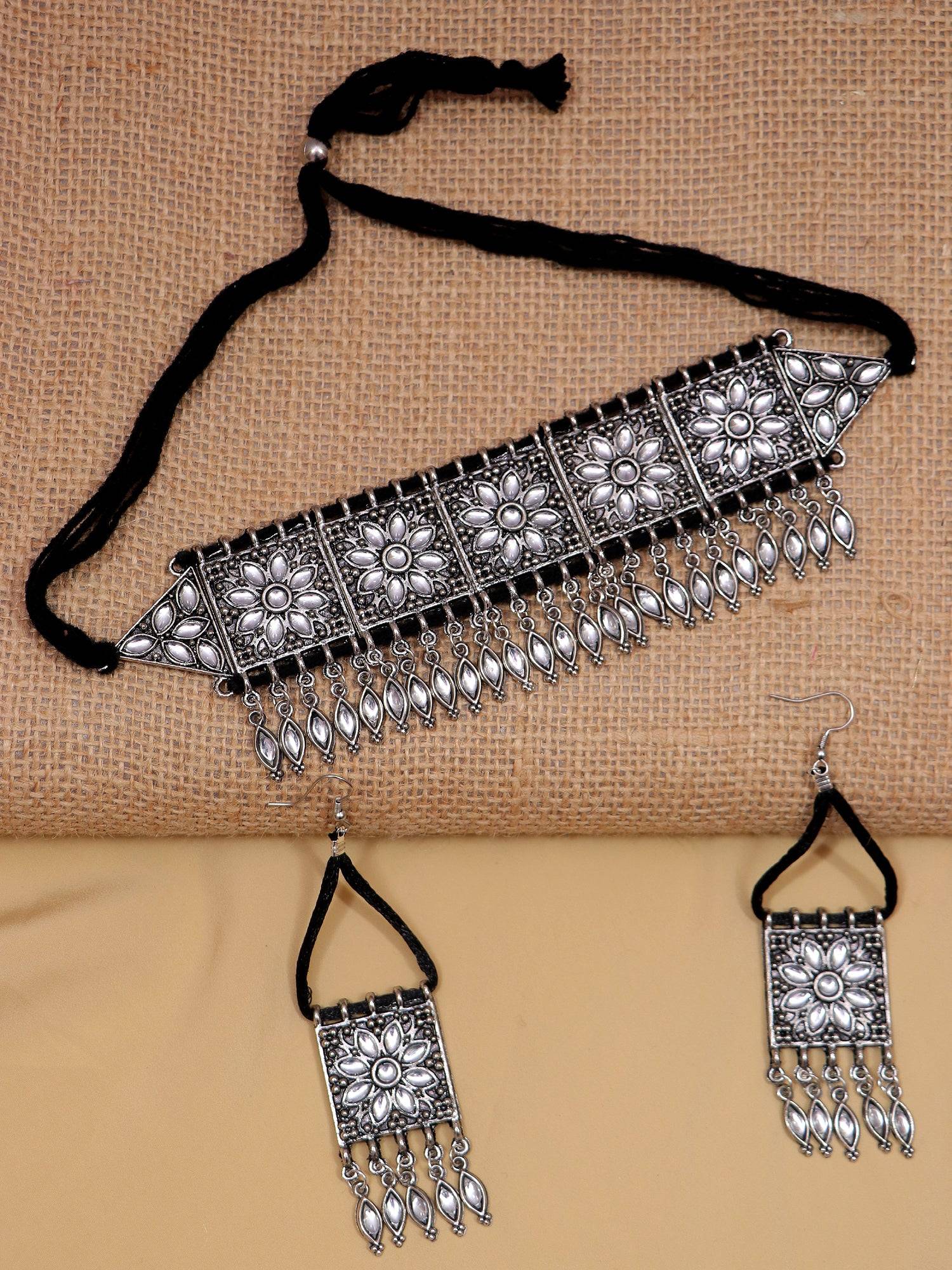 Oxidised Silve Meena Work Jewellery Set for Women