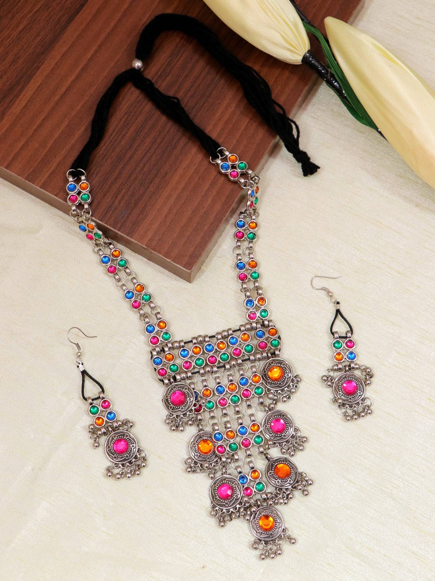 Traditional Oxidised German Silver  Afghani Multicolor Layered Jewellery Set CFS0380